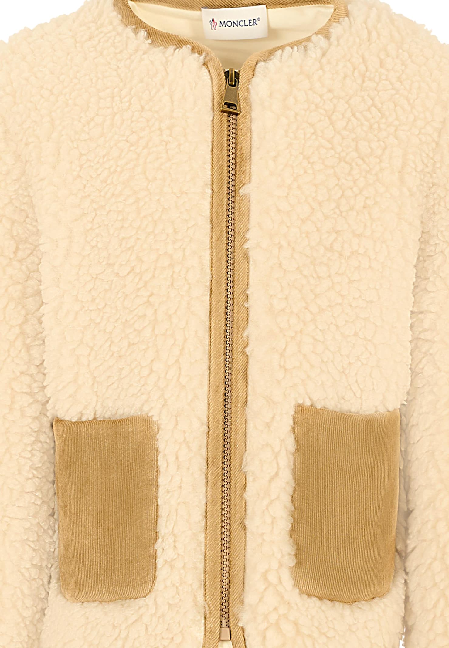 Moncler Ivory Fur Coat For Girl With Logo In Nude