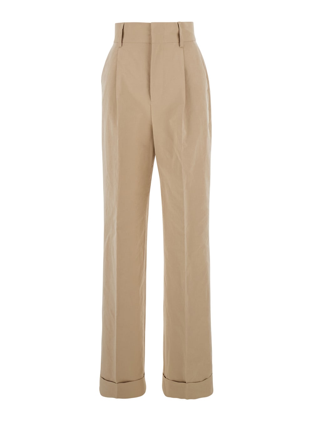 Beige Pants With Cuffs And Pleated Details In Cotton Woman