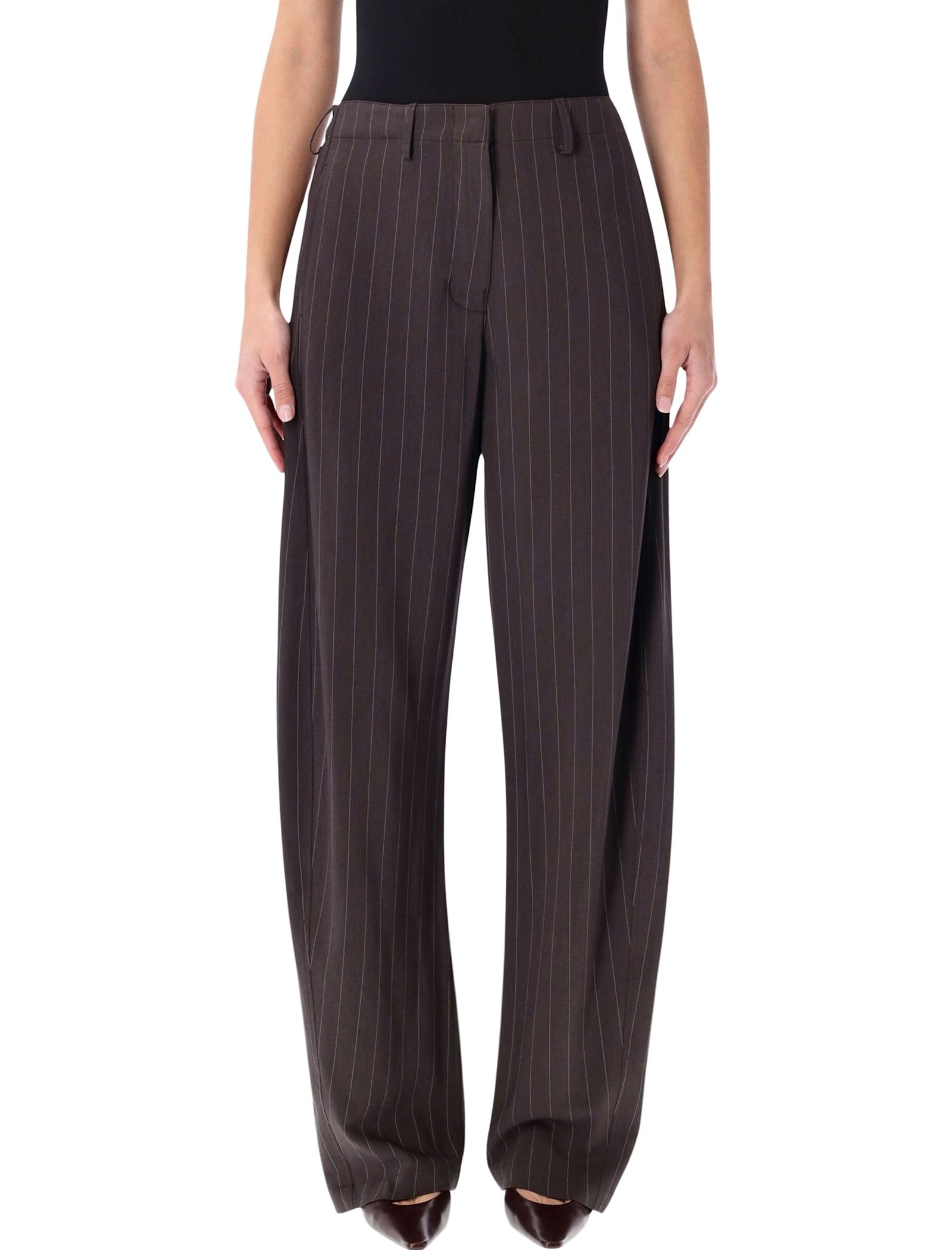 Magda Butrym Wide-leg Pinstripe Trousers In Dark Brown In Brown