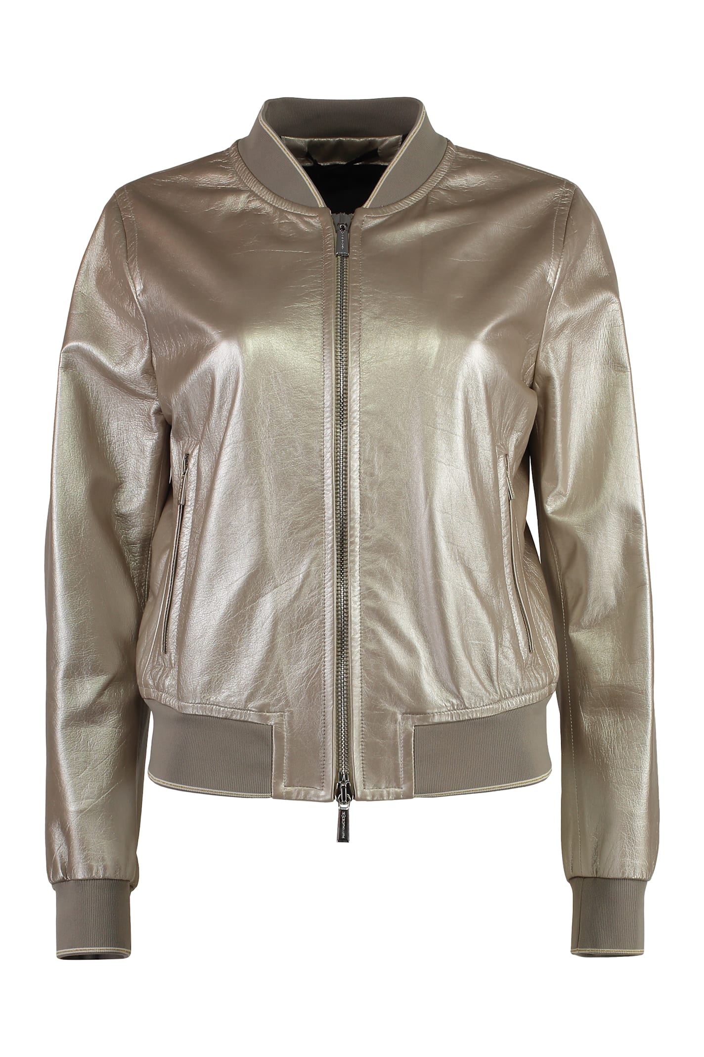 Moorer Metallic-effect Leather Bomber Jacket In Brown