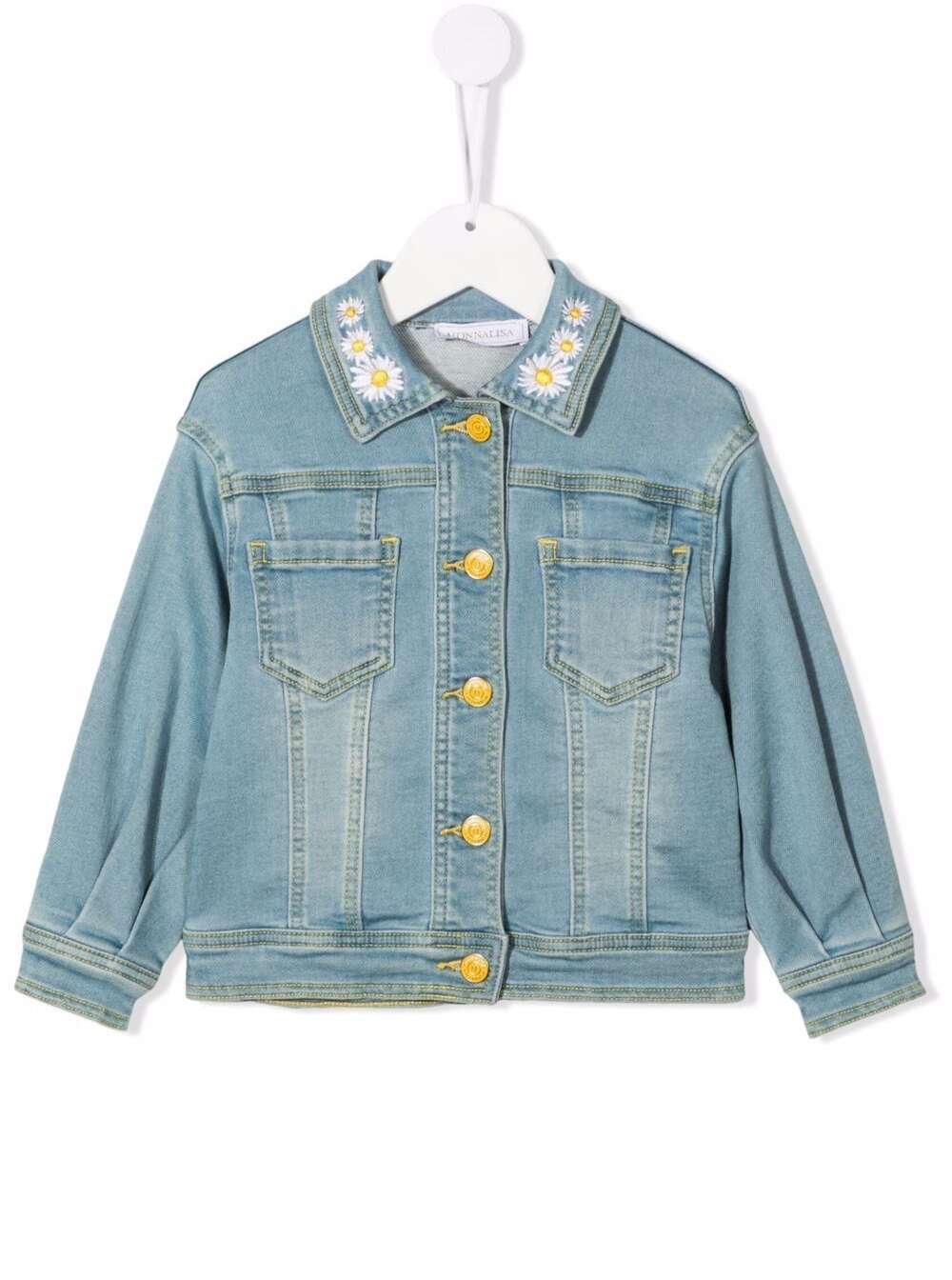 Monnalisa Denim Jacket With Floral Insert And Titty Print