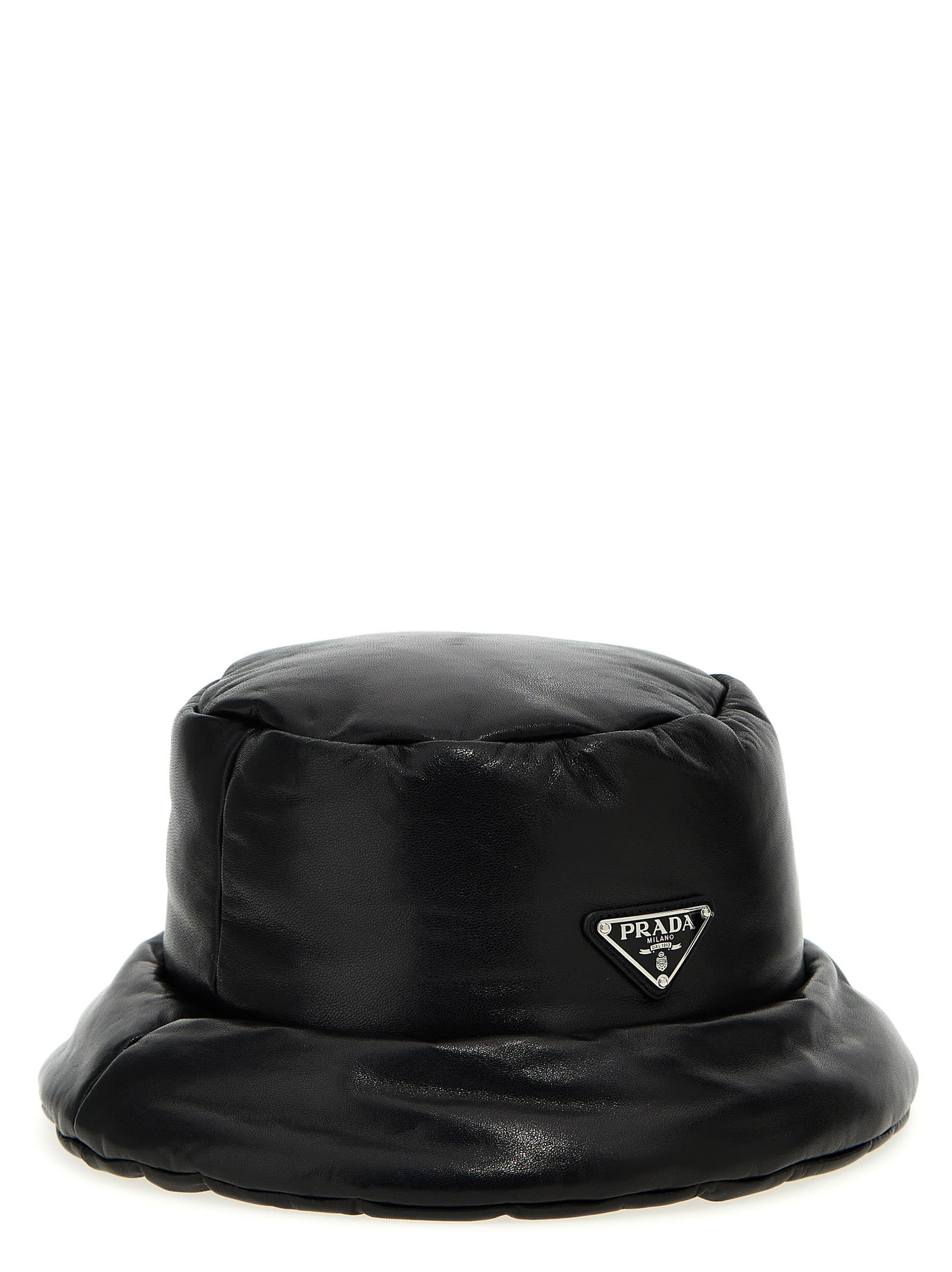 Prada Triangle-logo Patent-leather Bucket Hat In Black