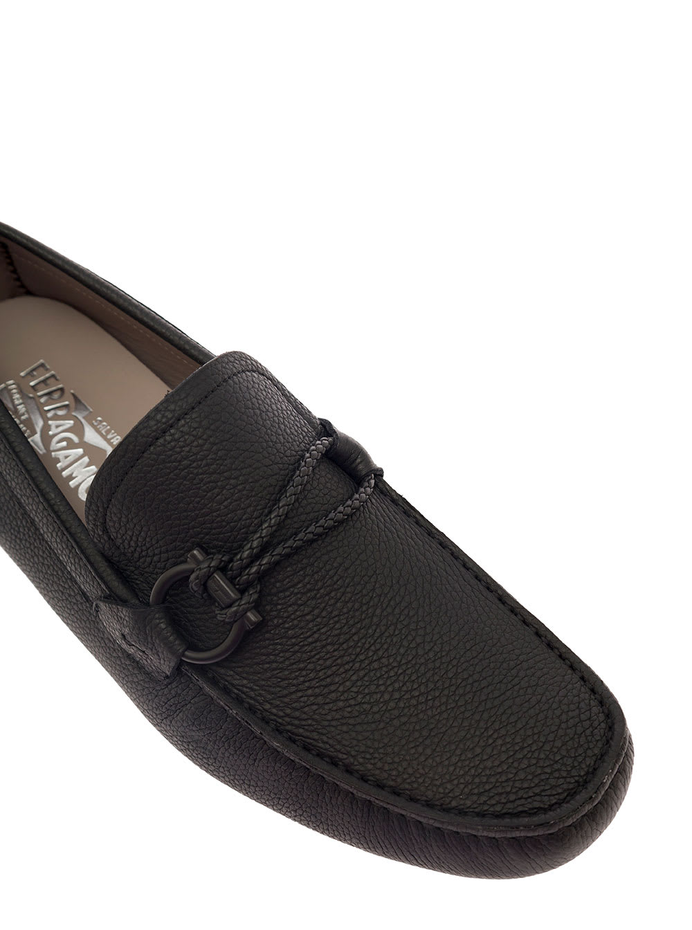 Ferragamo Black Slip-on Loafers With Gancini Detail In Hammered Leather Man In Black