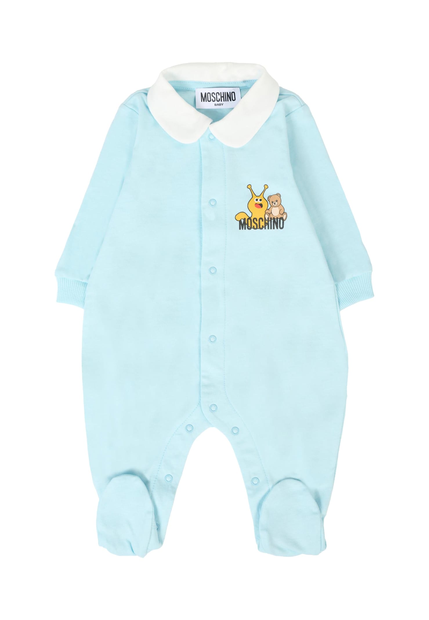 Moschino Light Blue Babygrow For Baby Boy With Teddy Bear In Blue