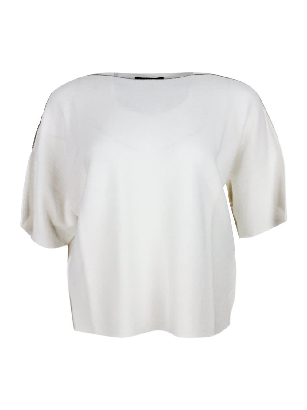 Short-sleeved Cotton Shirt With Horizontal Workmanship With Boat Neckline Embellished With Rows Of Jewels On The Neck