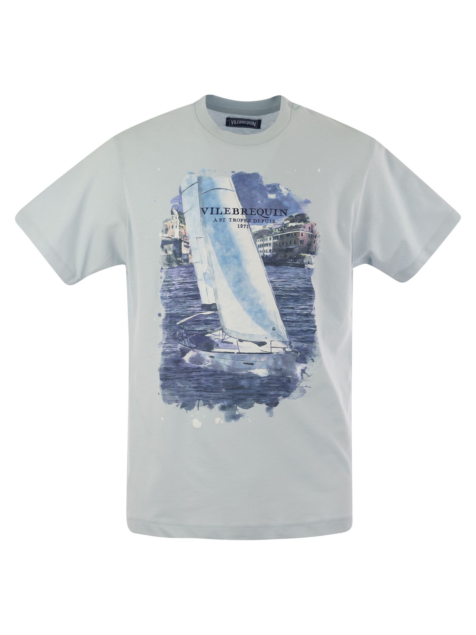 Shop Vilebrequin Cotton T-shirt With Frontal Print In Light Blue