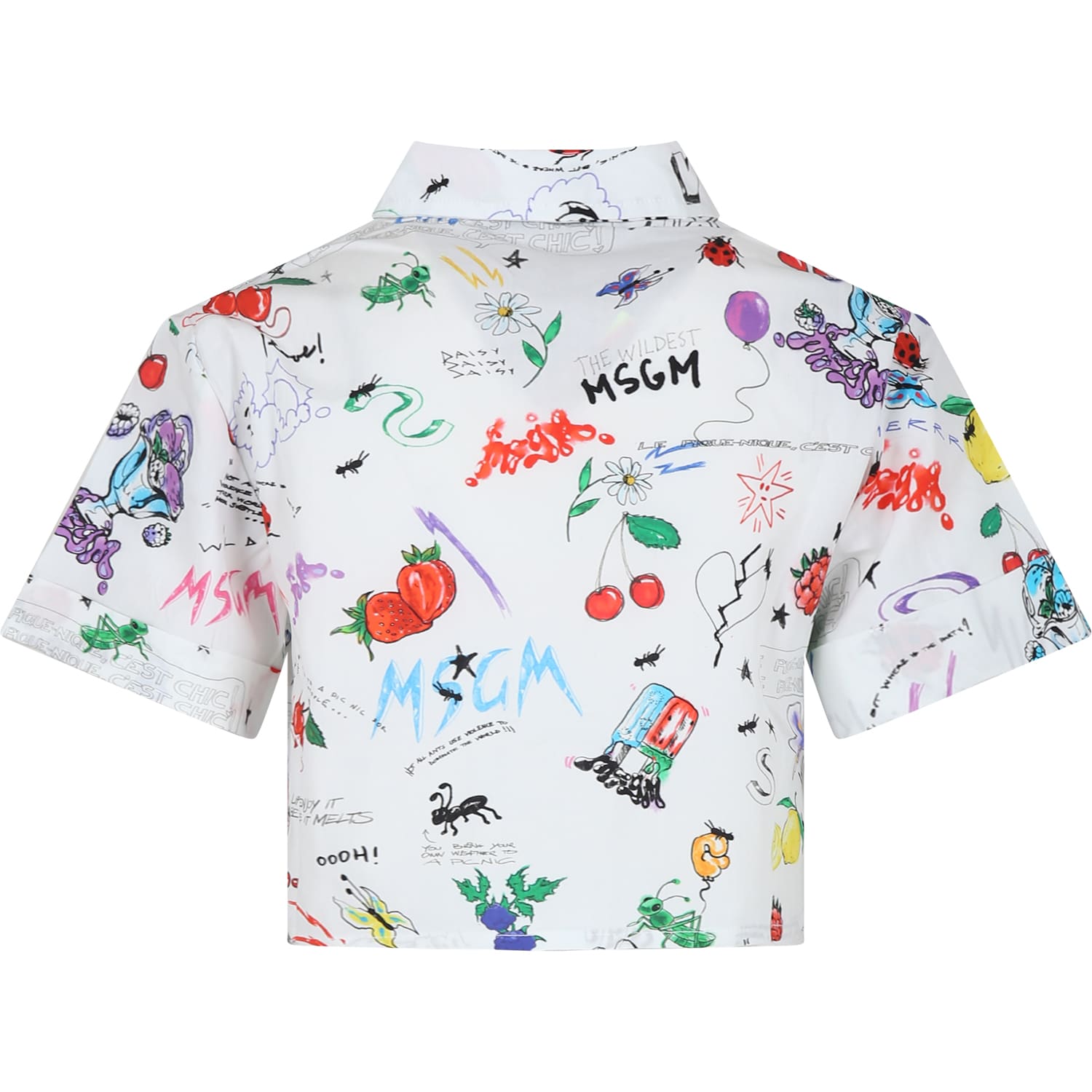 Shop Msgm White Crop Shirt For Girl With Comic Print And Logo