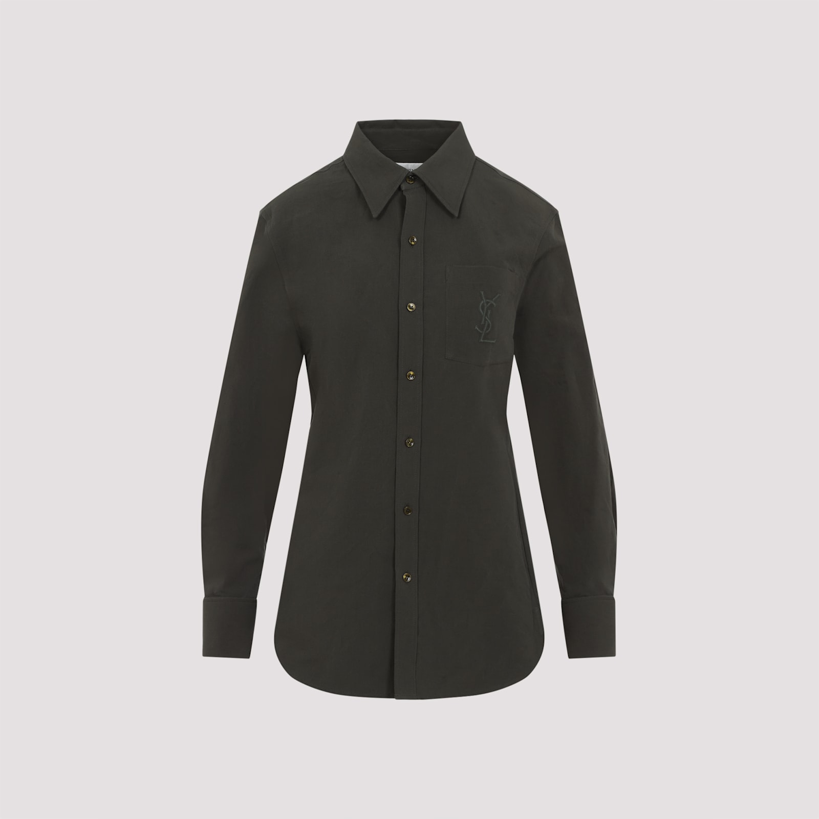 Saint Laurent Logo Embroidered Long-sleeved Shirt In Kaki