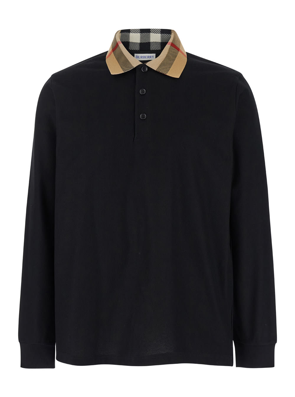 Shop Burberry Cody Beige Polo Shirt With Long Sleeves And Check Motiv On The Collar In Cotton Man In Black