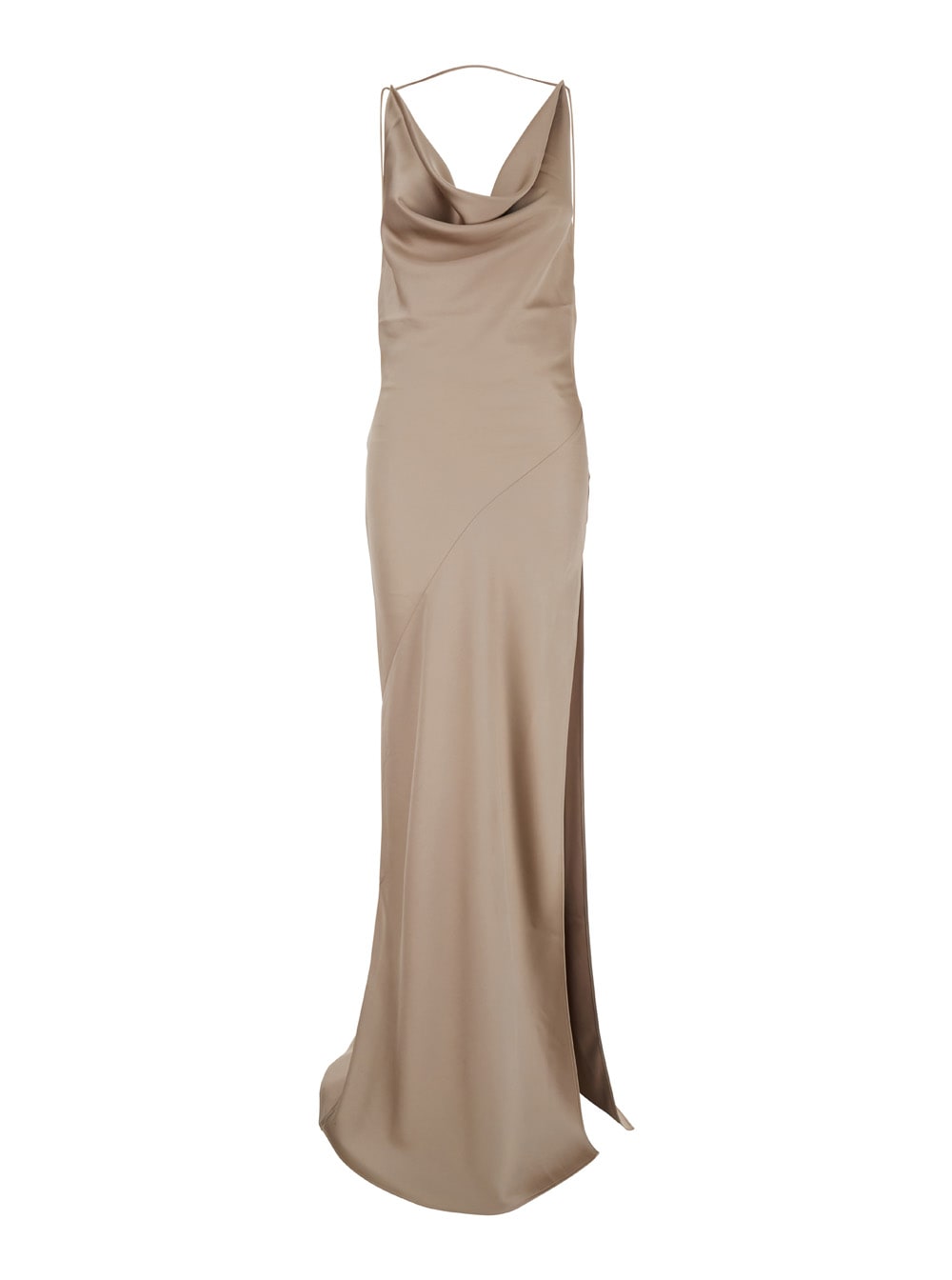 vera Beige Long Dress With Cowl Neck And Open Back In Tech Fabric Woman