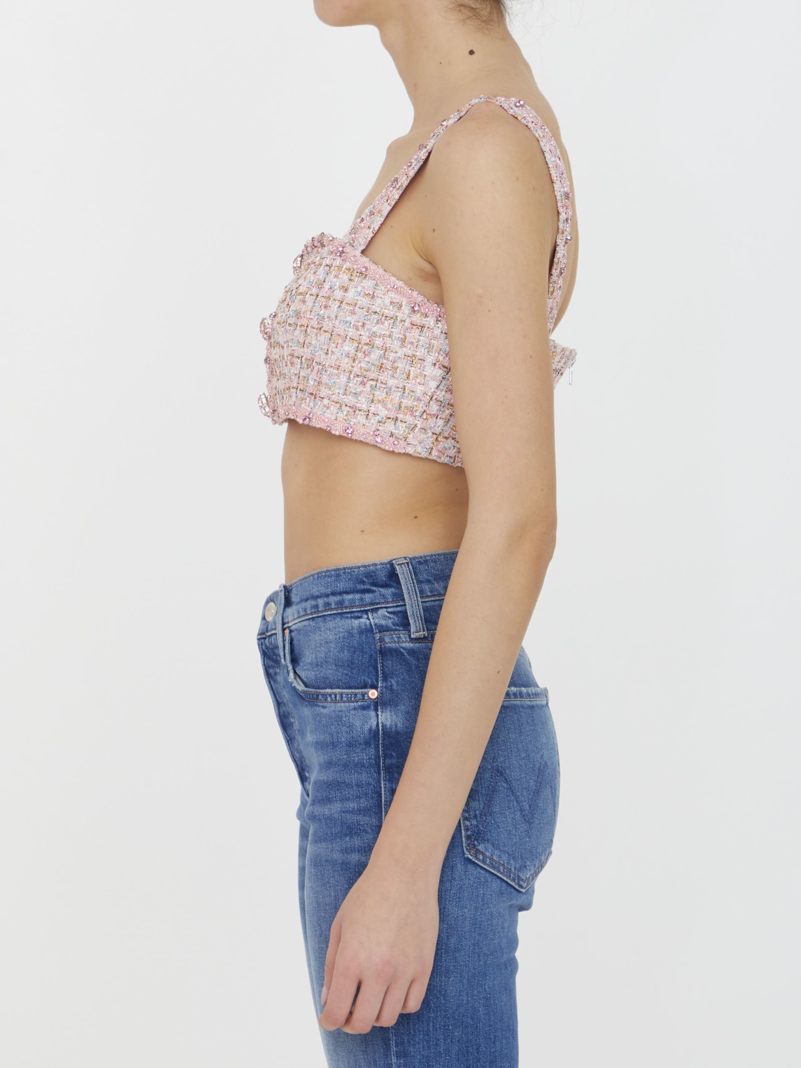 Self-portrait Boucle-weave Button-embellished Woven Top In Pink 