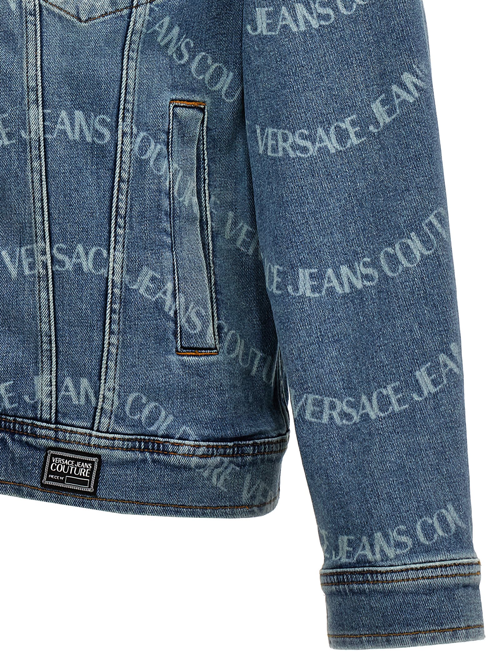 Shop Versace Jeans Couture Logo Print Denim Jacket In Light Blue