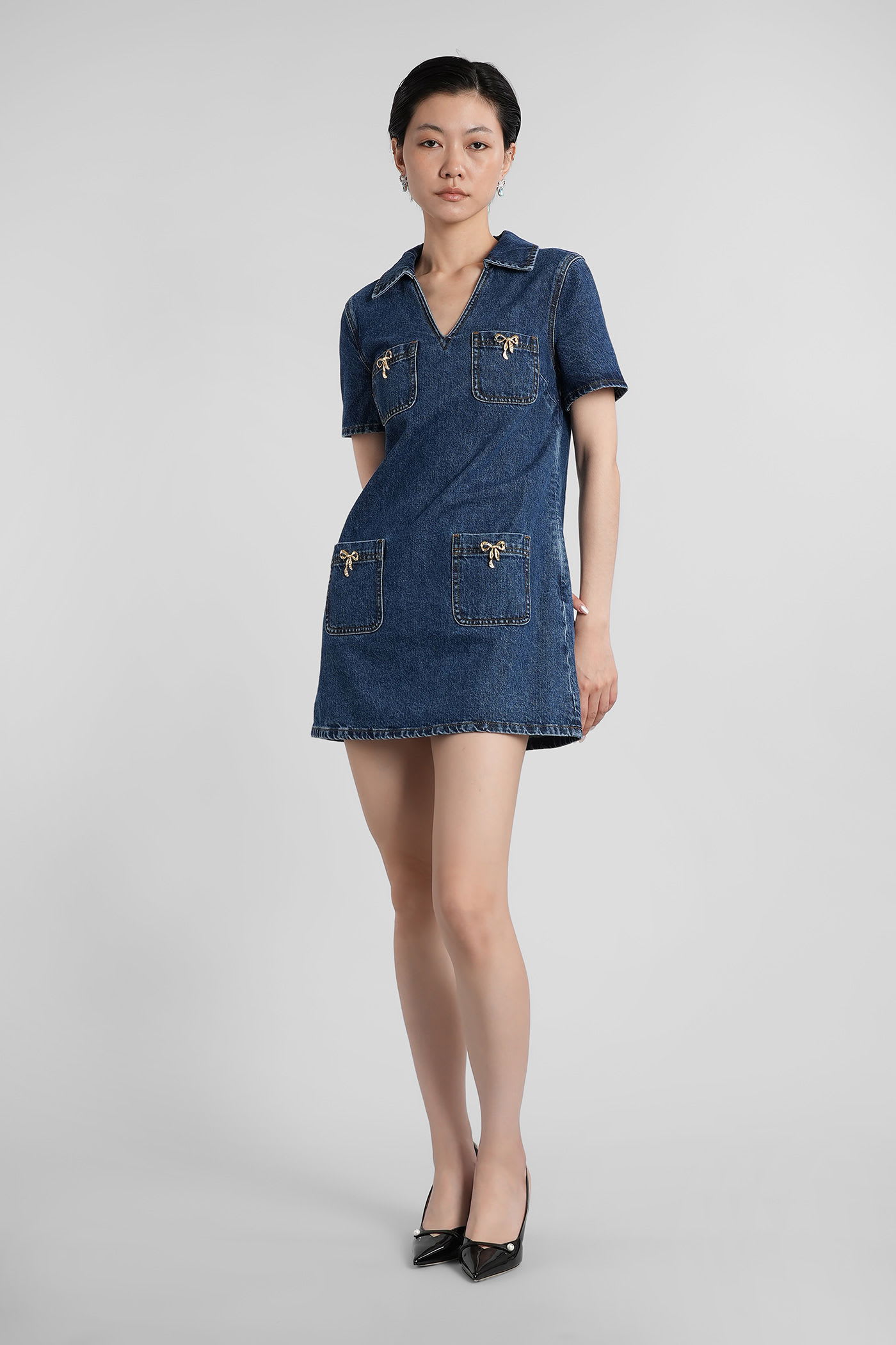 Self-portrait Denim Crystal Bow Mini Dress In Blue