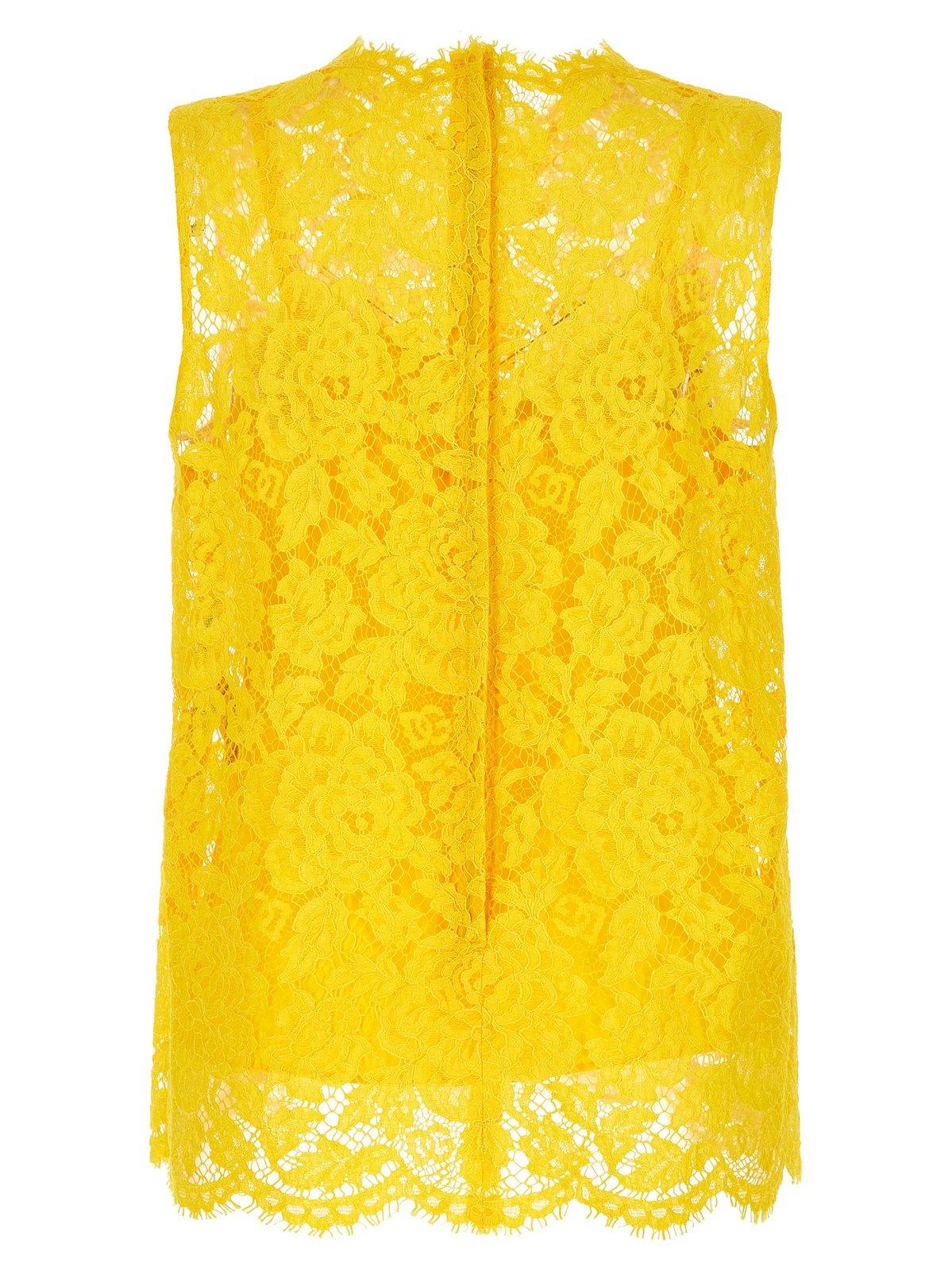 Shop Dolce & Gabbana Branded Floral Cordonetto Lace Top In Giallo