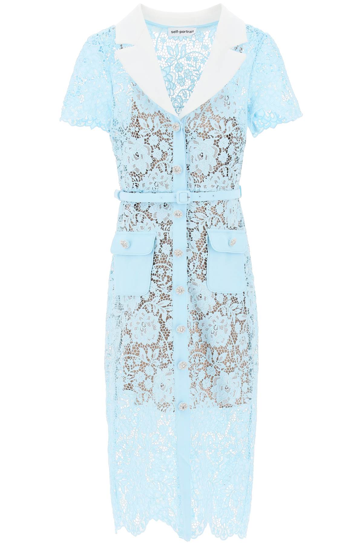 self-portrait Midi Dress In Floral Lace With Contrasting Lapel And Jewel Buttons