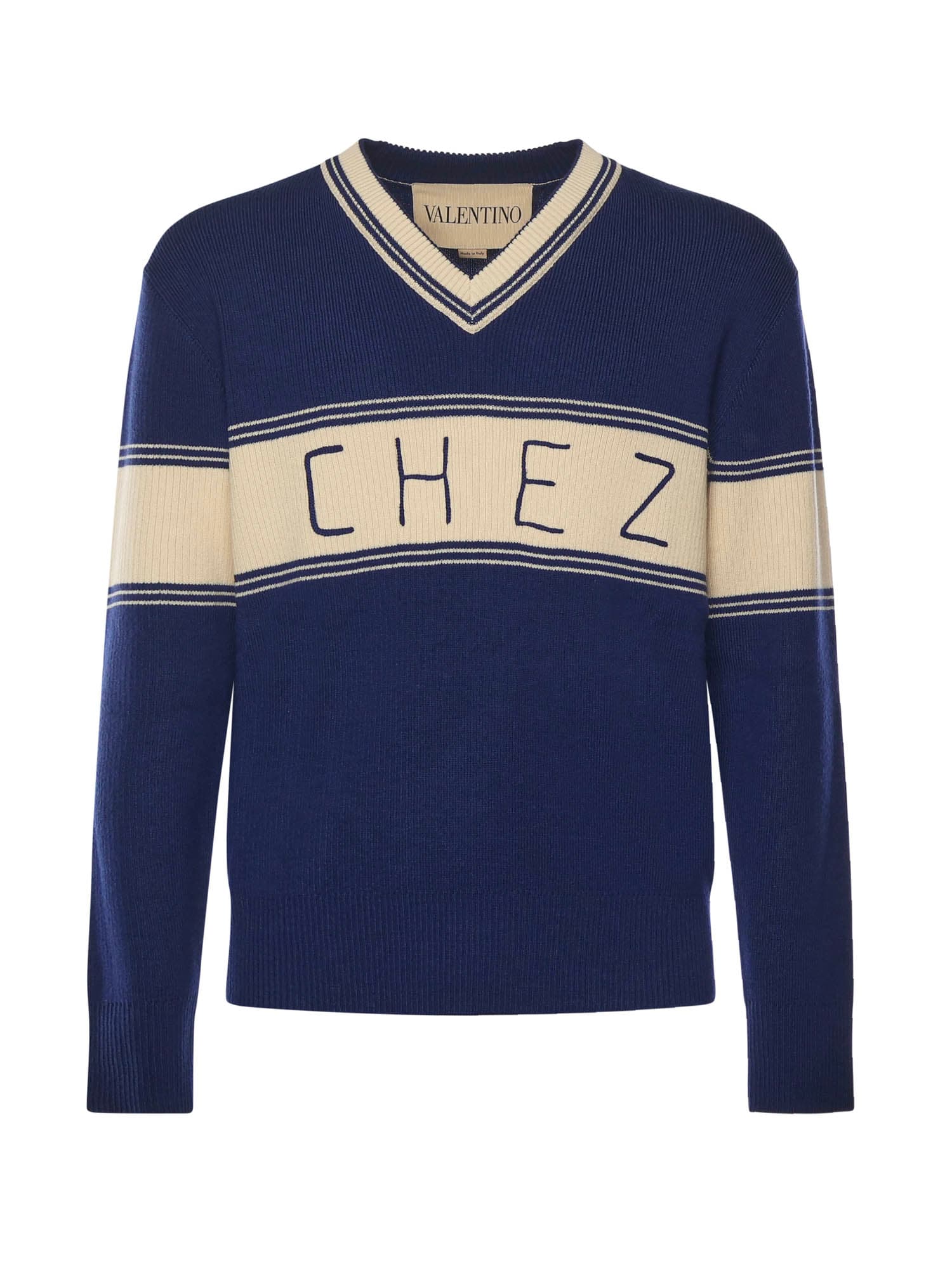Valentino Embroidered Striped Virgin Wool And Cotton-blend Sweater In Blue