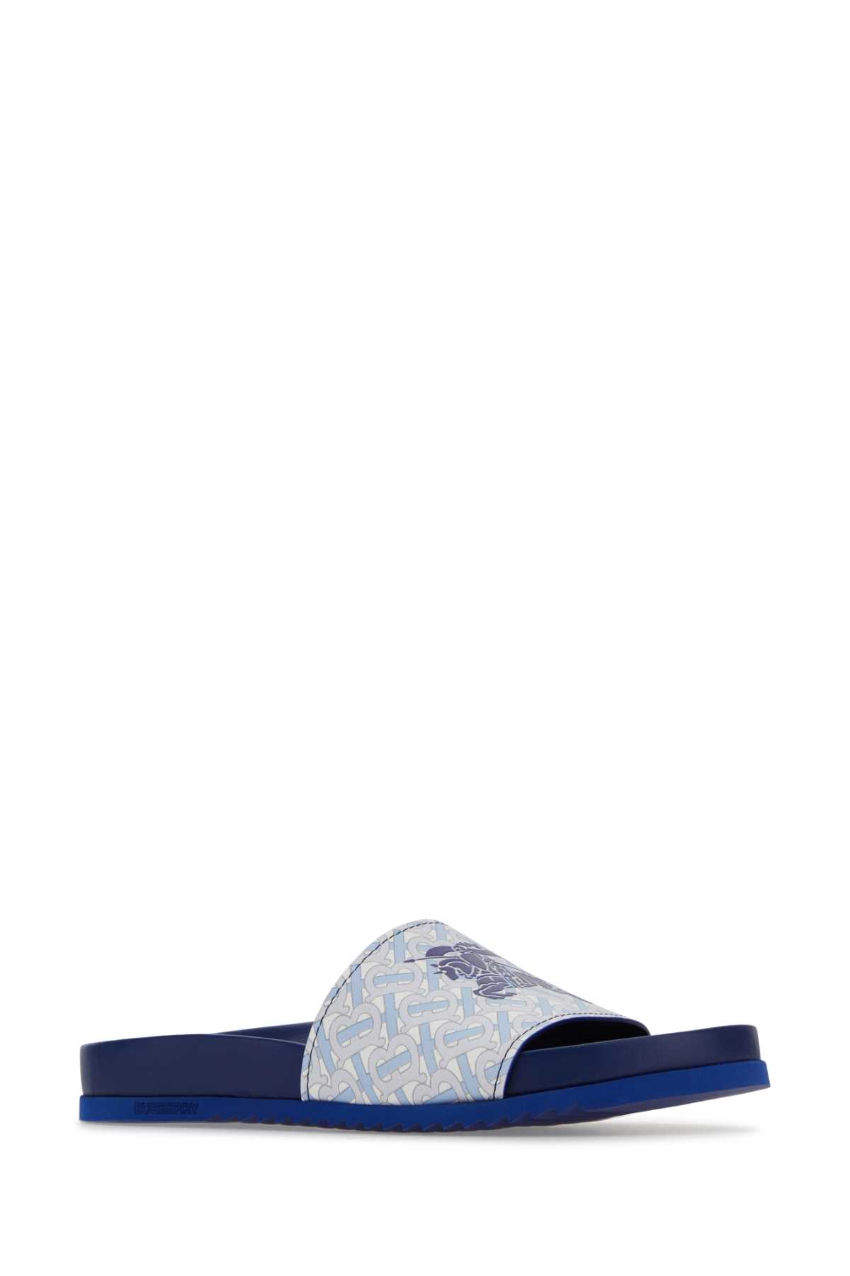Shop Burberry Printed Leather Slippers In Paleblueippat