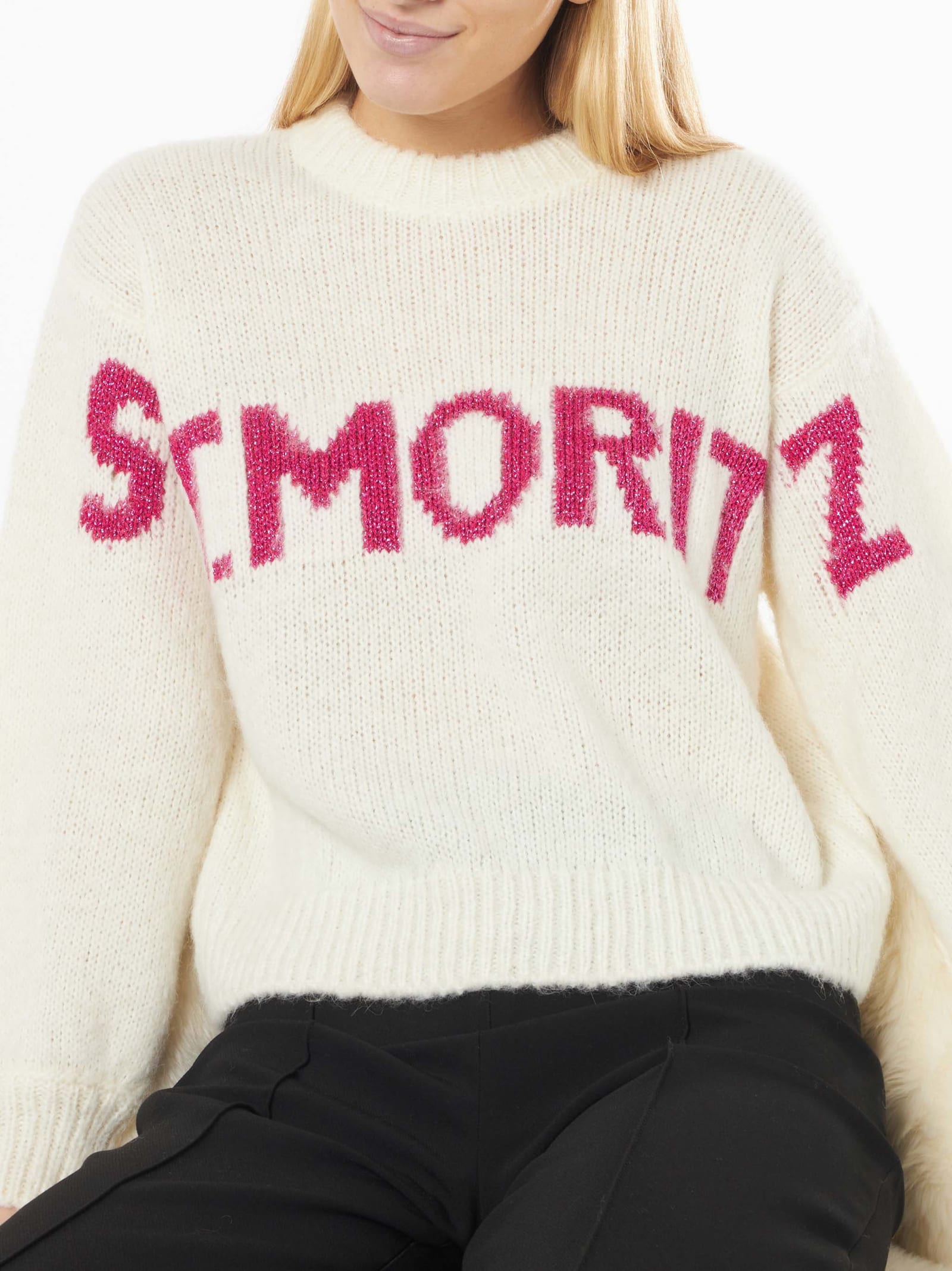 Shop Mc2 Saint Barth Woman Boxy Shape Soft Sweater With St. Moritz Jacquard Print In White