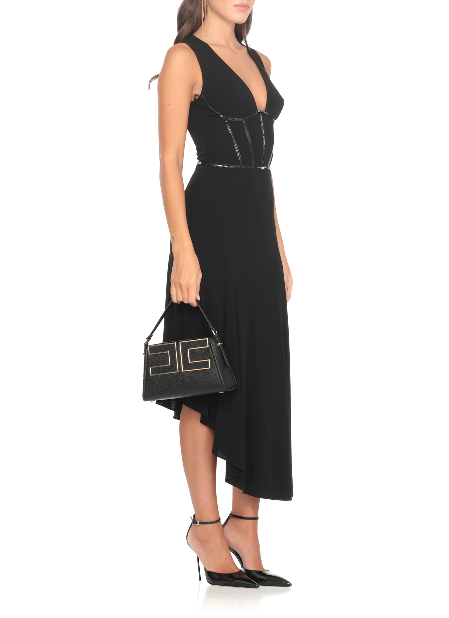Elisabetta Franchi Viscose Midi Dress With Asymmetrical Hemline In Black