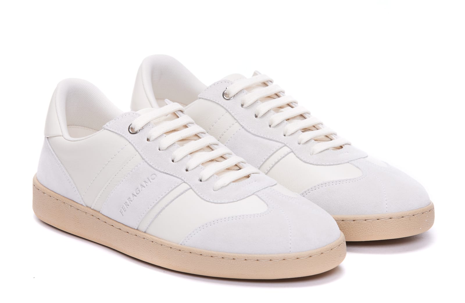 Ferragamo Salvatore  Cream Leather Achille 1' Sneakers Men