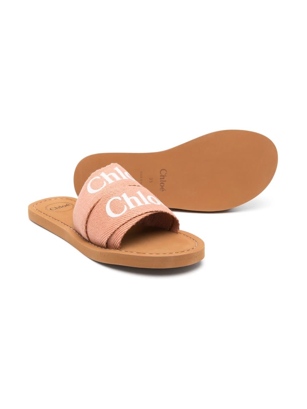 CHLOÉ WOODY SANDAL IN BROWN LINEN WITH LOGO 