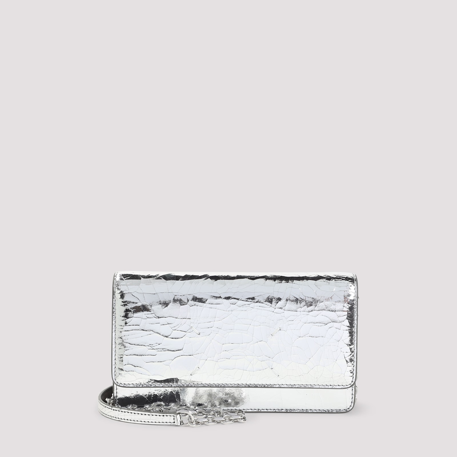Maison Margiela Silver Cracked Leather Fold Over Bag In Silver