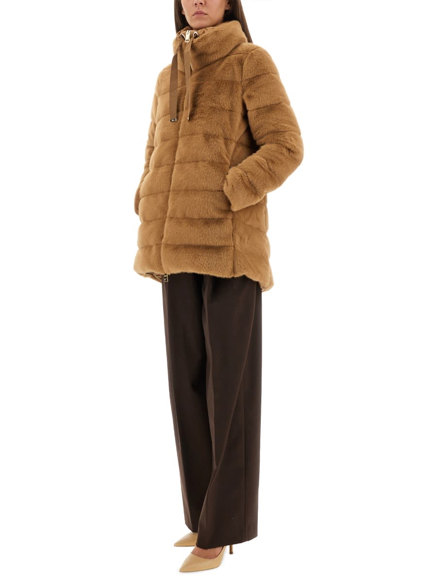 Herno Faux Fur Down Coat With High Collar In Brown