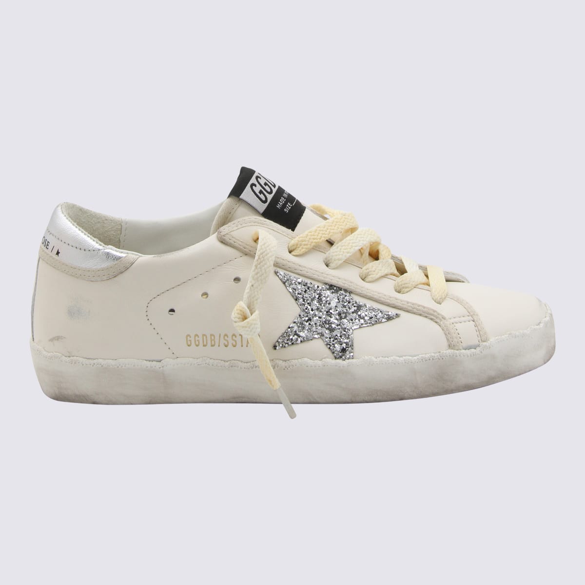GOLDEN GOOSE WHITE AND SILVER-TONE LEATHER SUPER STAR SNEAKERS