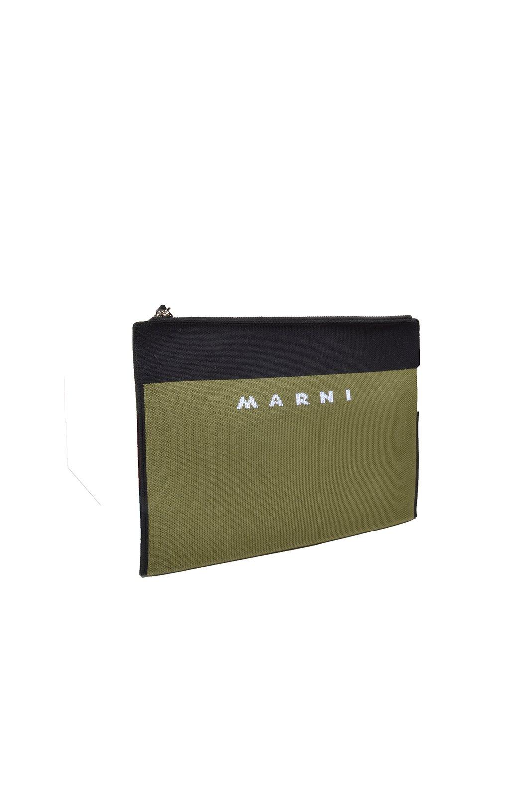 Shop Marni Logo Embroidered Zip Clutch Bag In Green