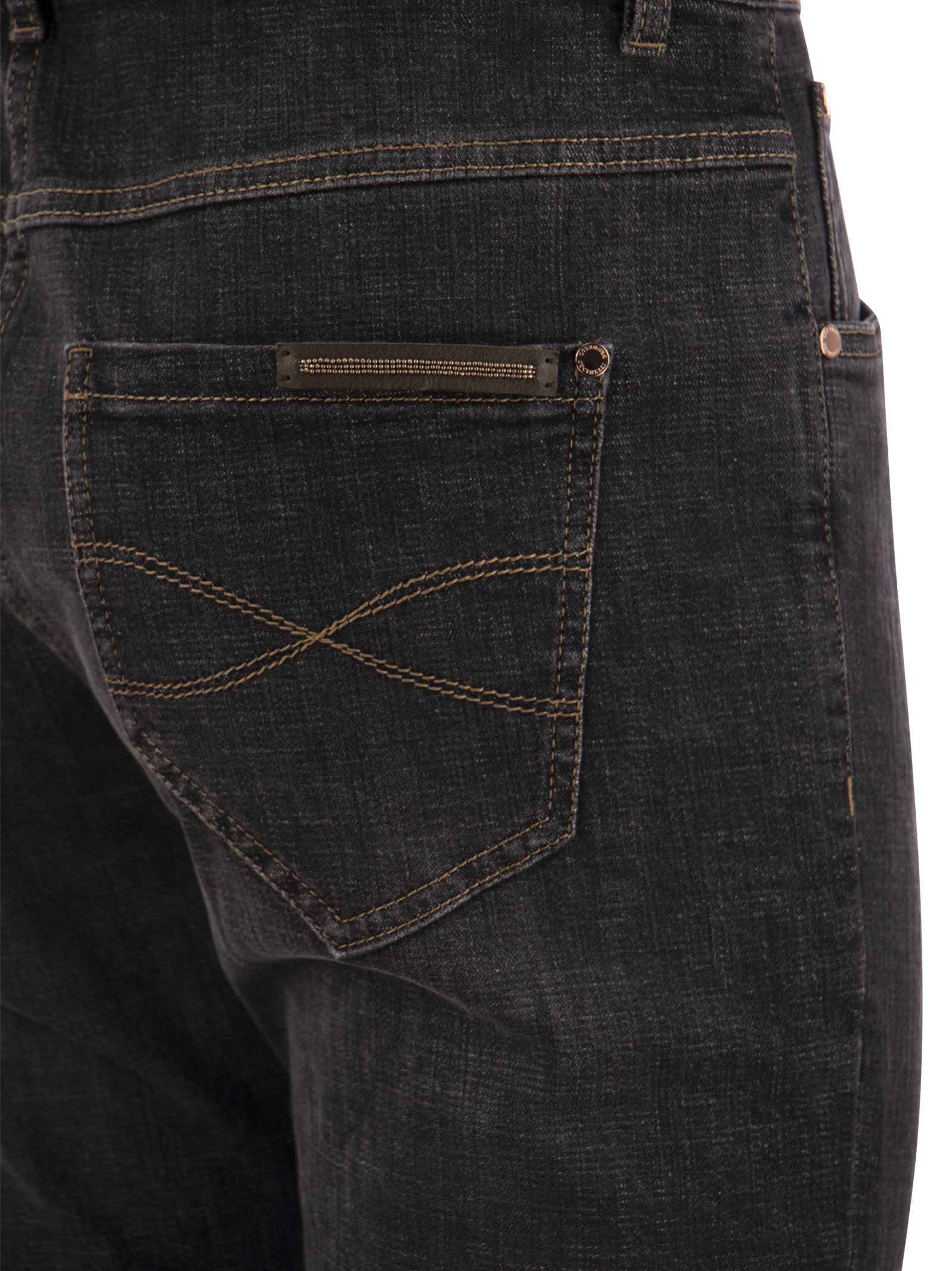 Brunello Cucinelli Slim Pants In Stretch Denim With Shiny Leather Tab In Grey