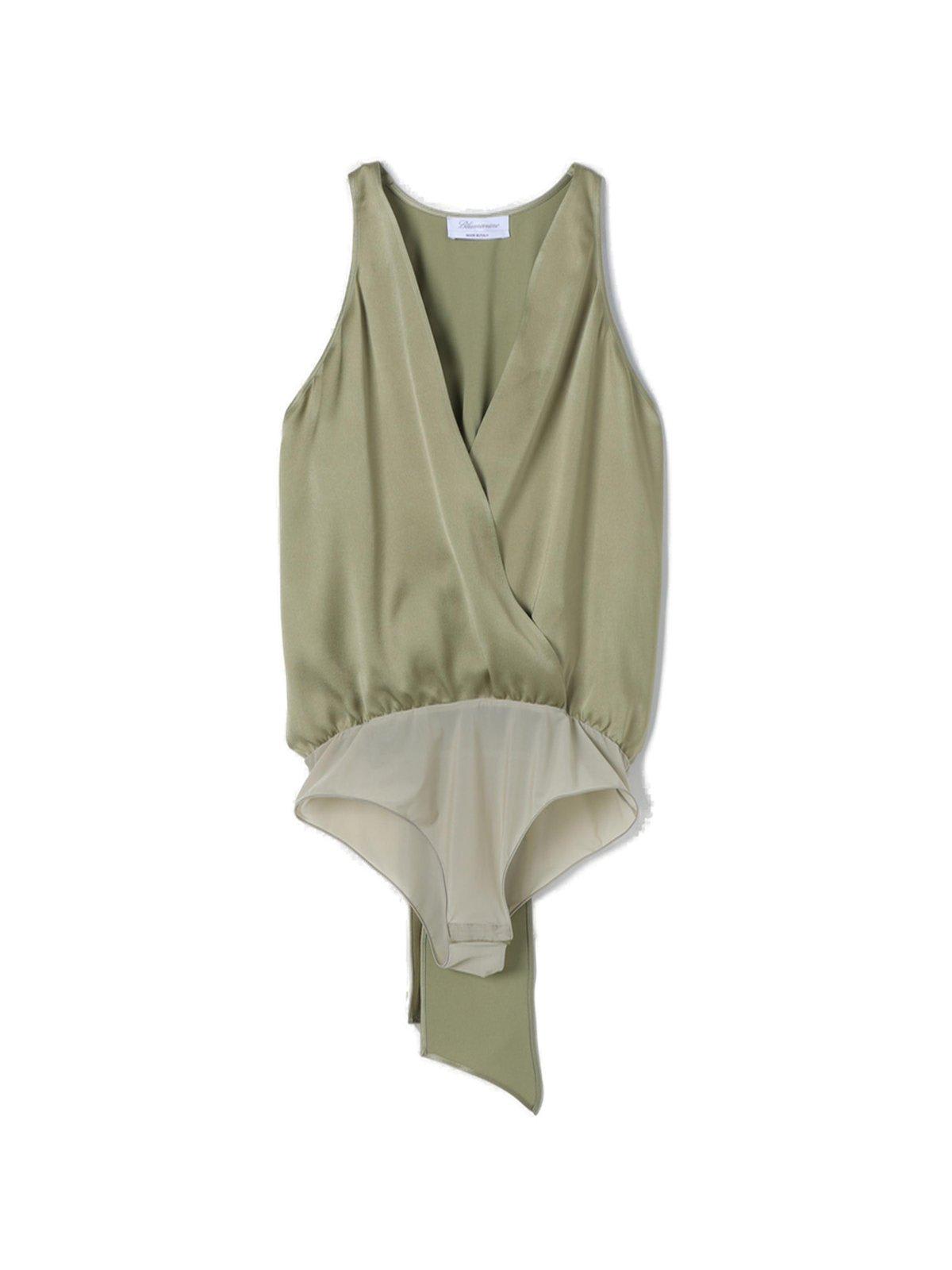 Shop Blumarine Plunging V-neck Open Back Satin Bodysuit In Verde