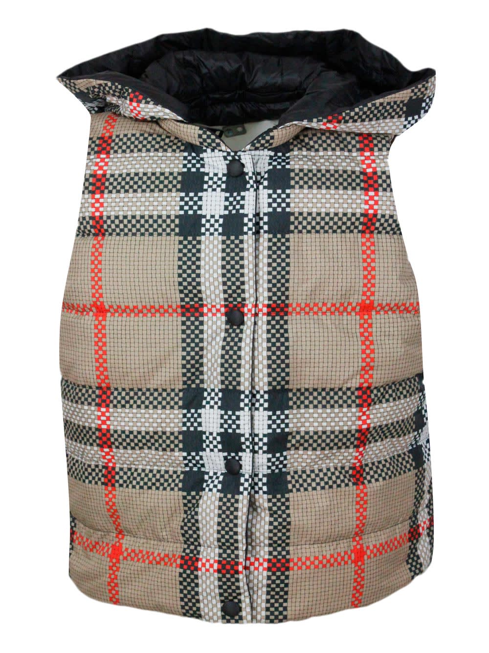 Sleeveless Gilet Padded With Real Natural Down, Closure With Burberry New Check Buttons