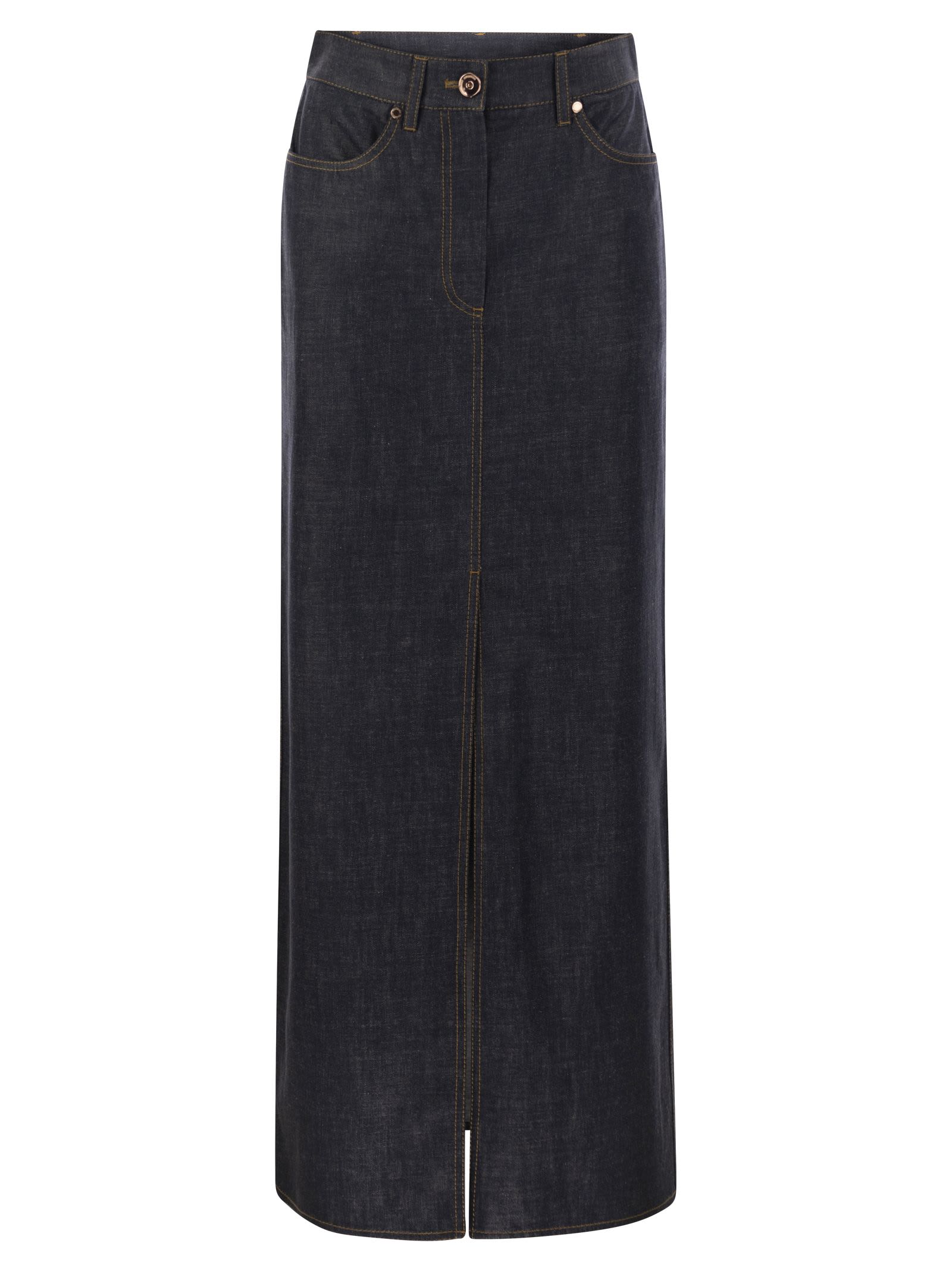 Long Five-pocket Skirt In Wet-effect Light Denim With Shiny Tab