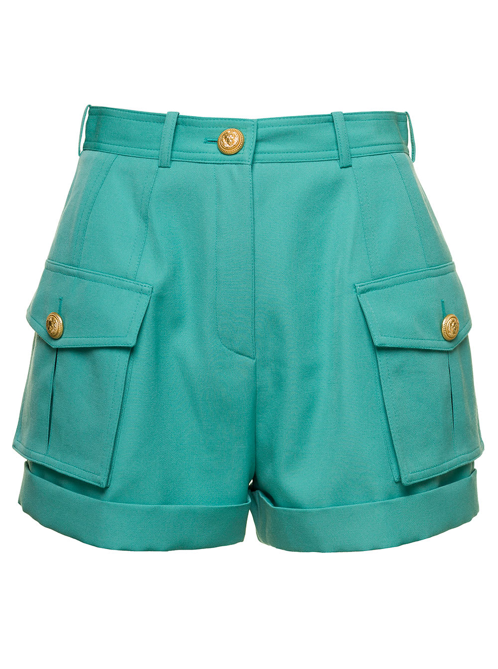BALMAIN LIGHT BLUE SHORTS WITH CUFF AND JEWEL BUTTONS IN WOOL WOMAN