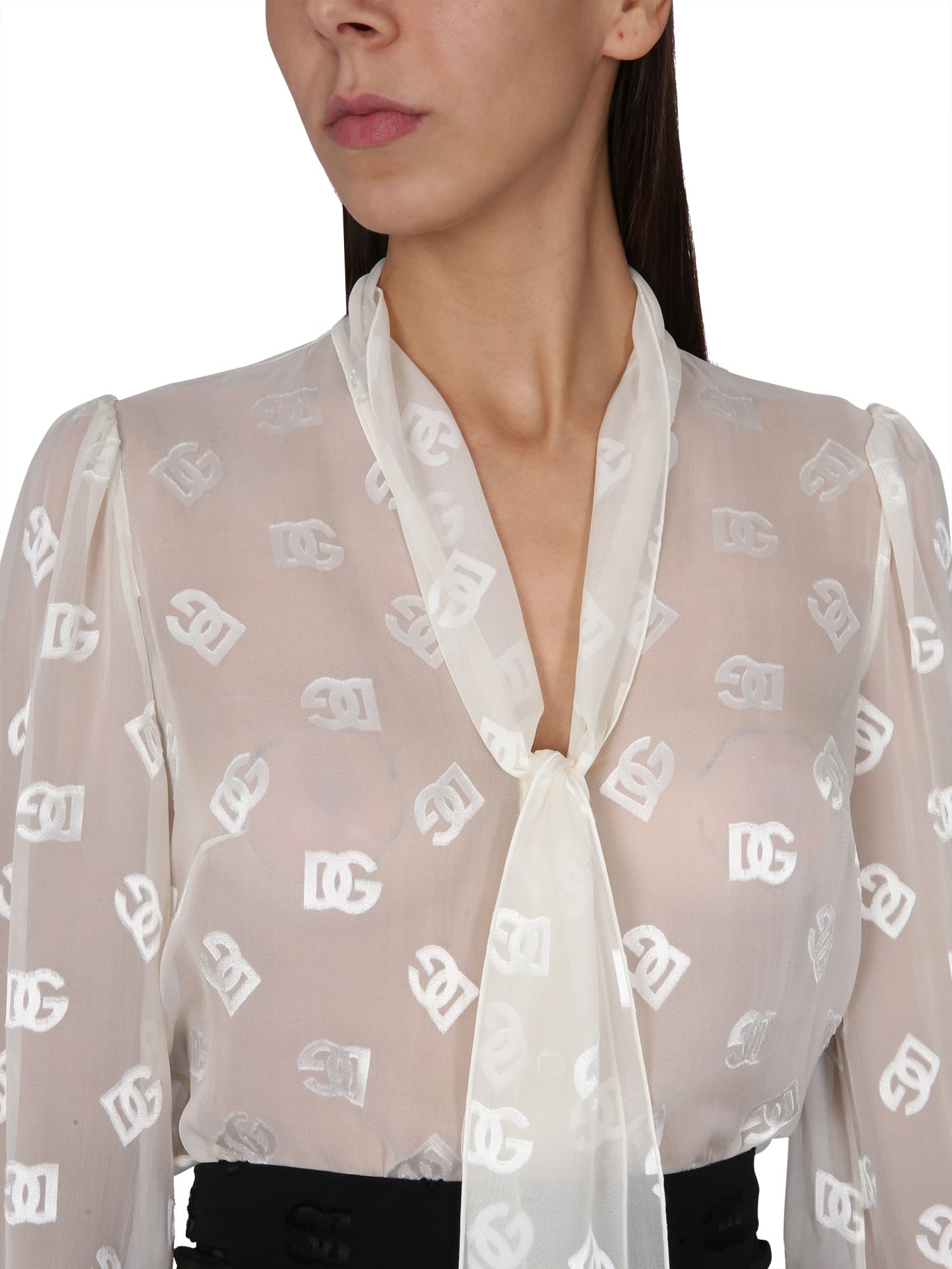 Devoré Satin Pussy-bow Shirt With All-over Dg Logo In White