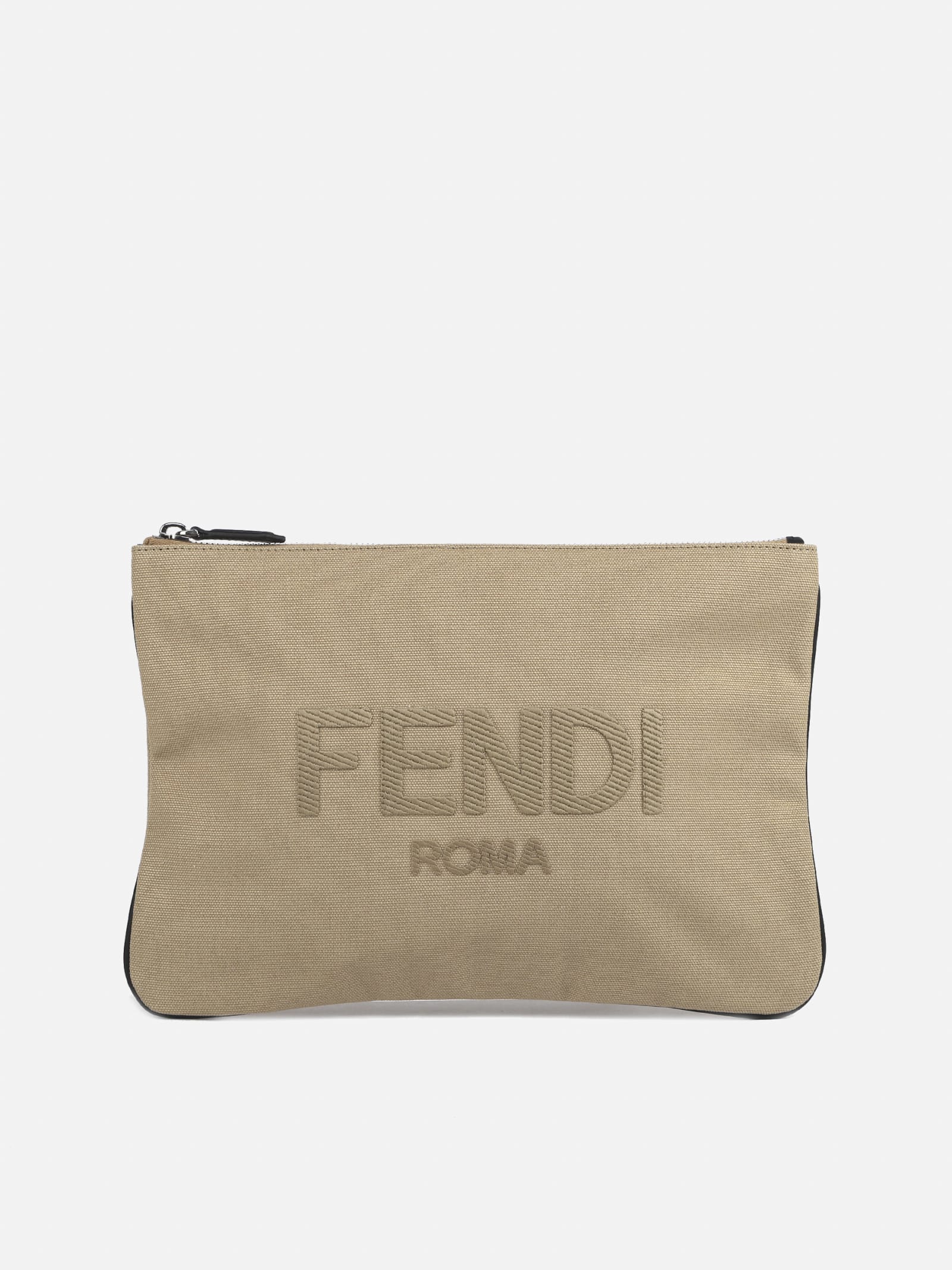 Fendi Cotton Pouch With Tone-on-tone Logo Embroidery In Beige
