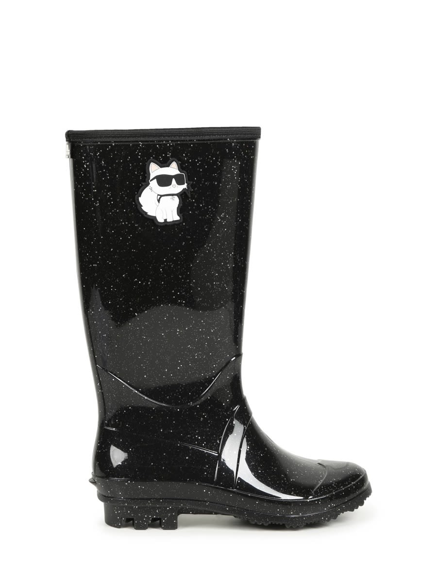 Karl Lagerfeld Logo-patch Glossy Rain Boots In Black