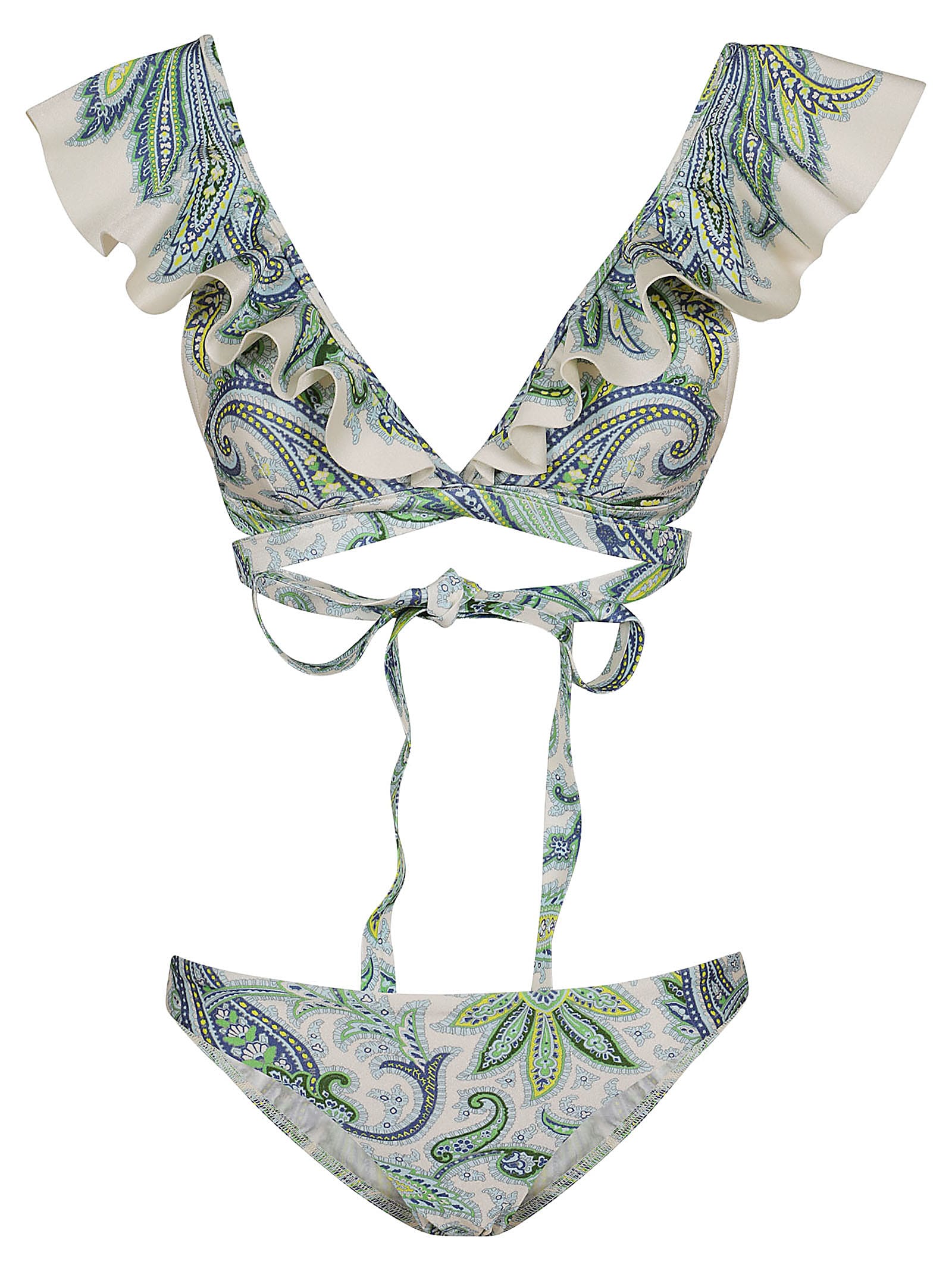 Shop Zimmermann Ottie Wrap Ruffle Bikini In Grpa Green Paisley