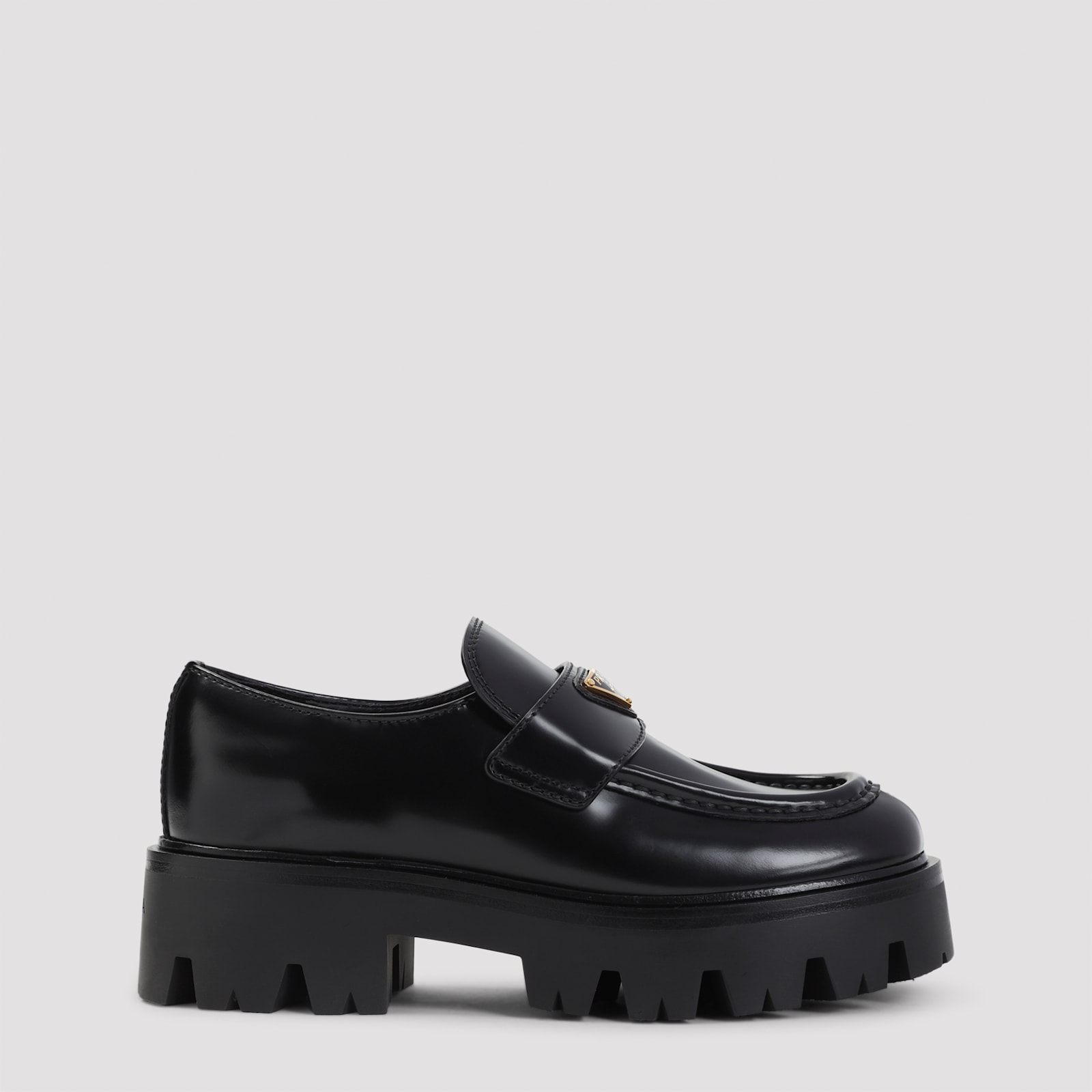 Prada Platform Leather Triangle Logo Loafers In Black
