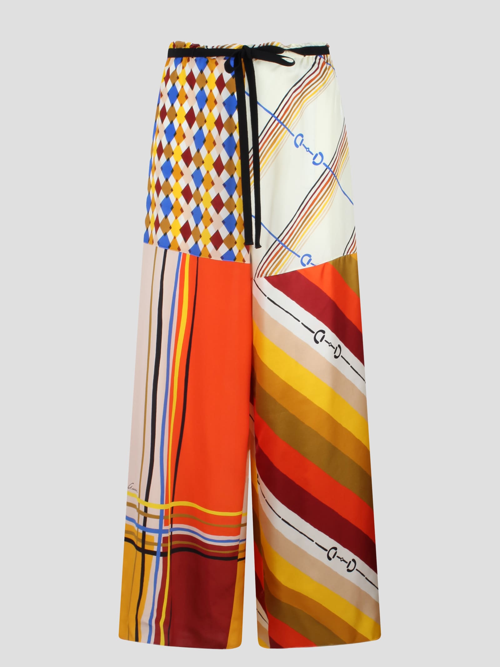 Gucci Heritage Patchwork Print Silk Trousers In Multicolour