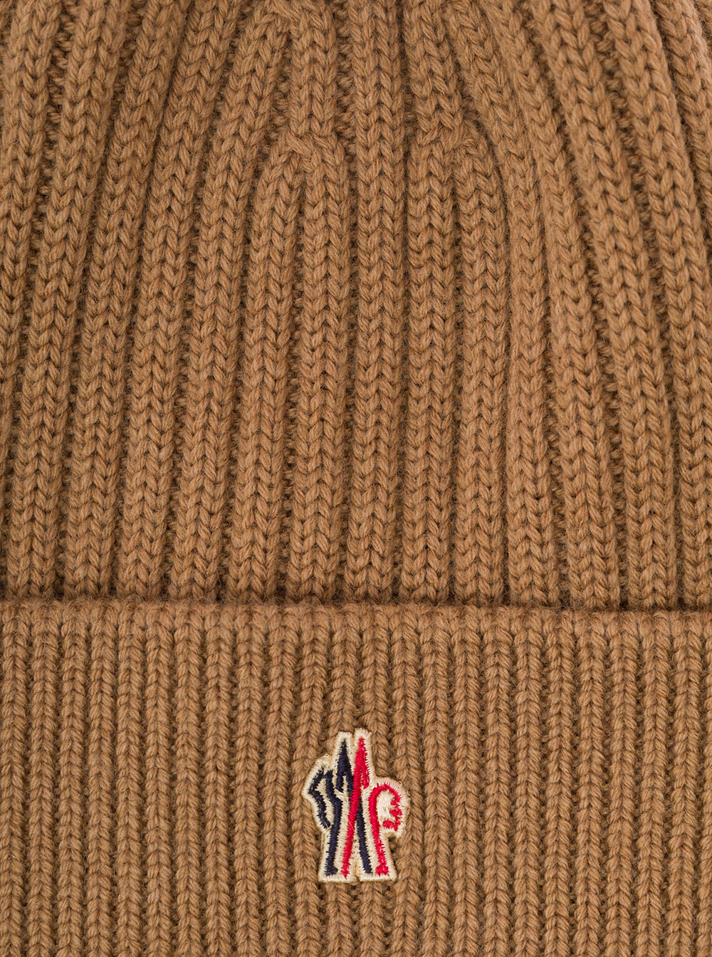 Shop Moncler Beige Ribbed Beanie With Logo Patch At The Front In Wool Man