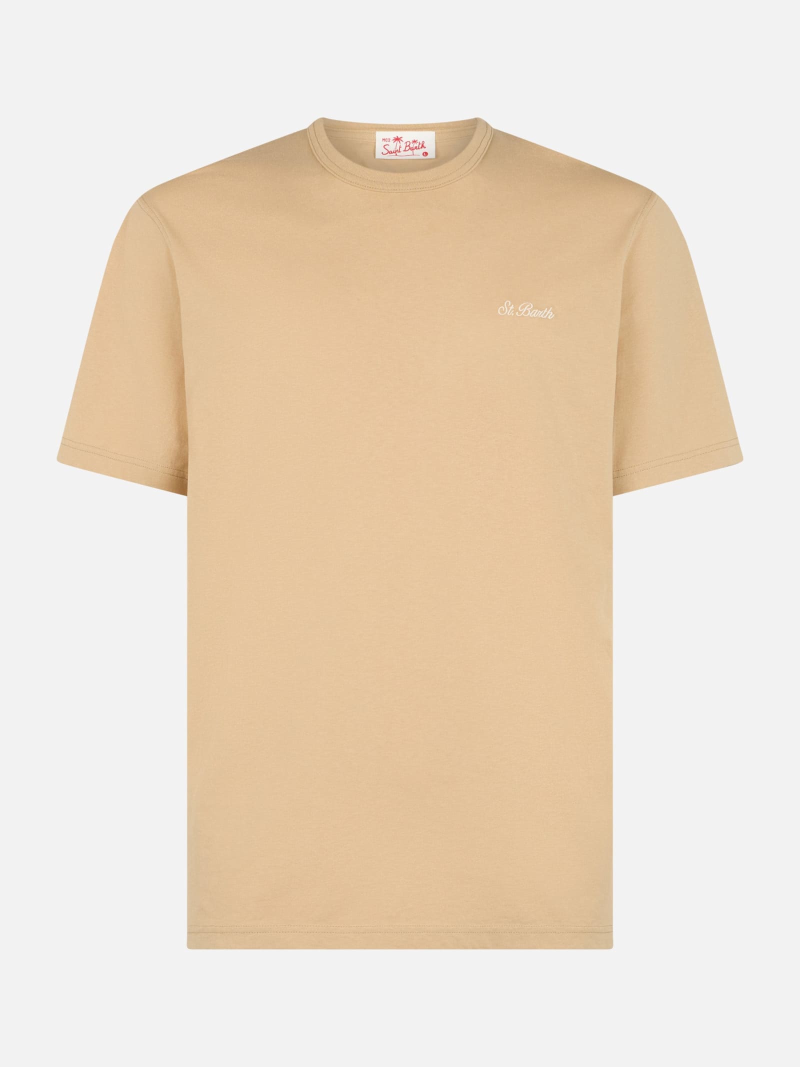 Shop Mc2 Saint Barth Man Beige Cotton Jersey T-shirt Dover With St. Barth Embroidery In White