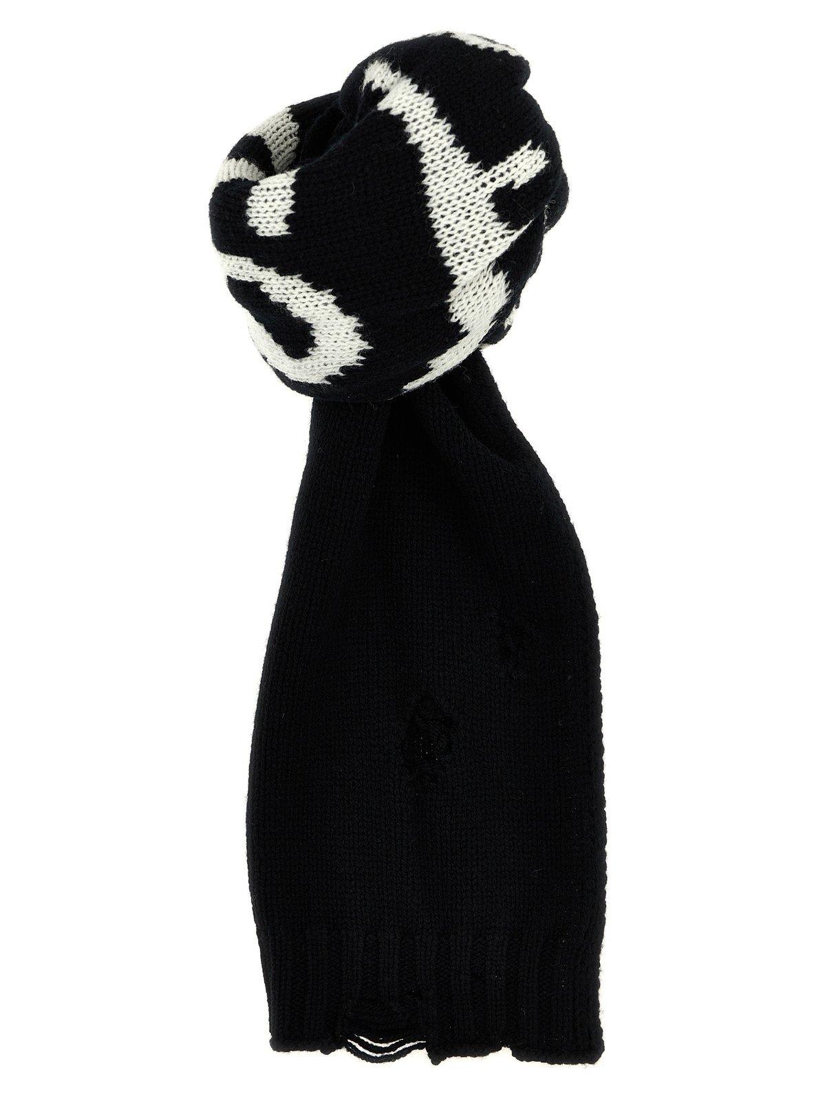 Shop Mm6 Maison Margiela Logo Intarsia-knit Distressed Scarf In Black/white