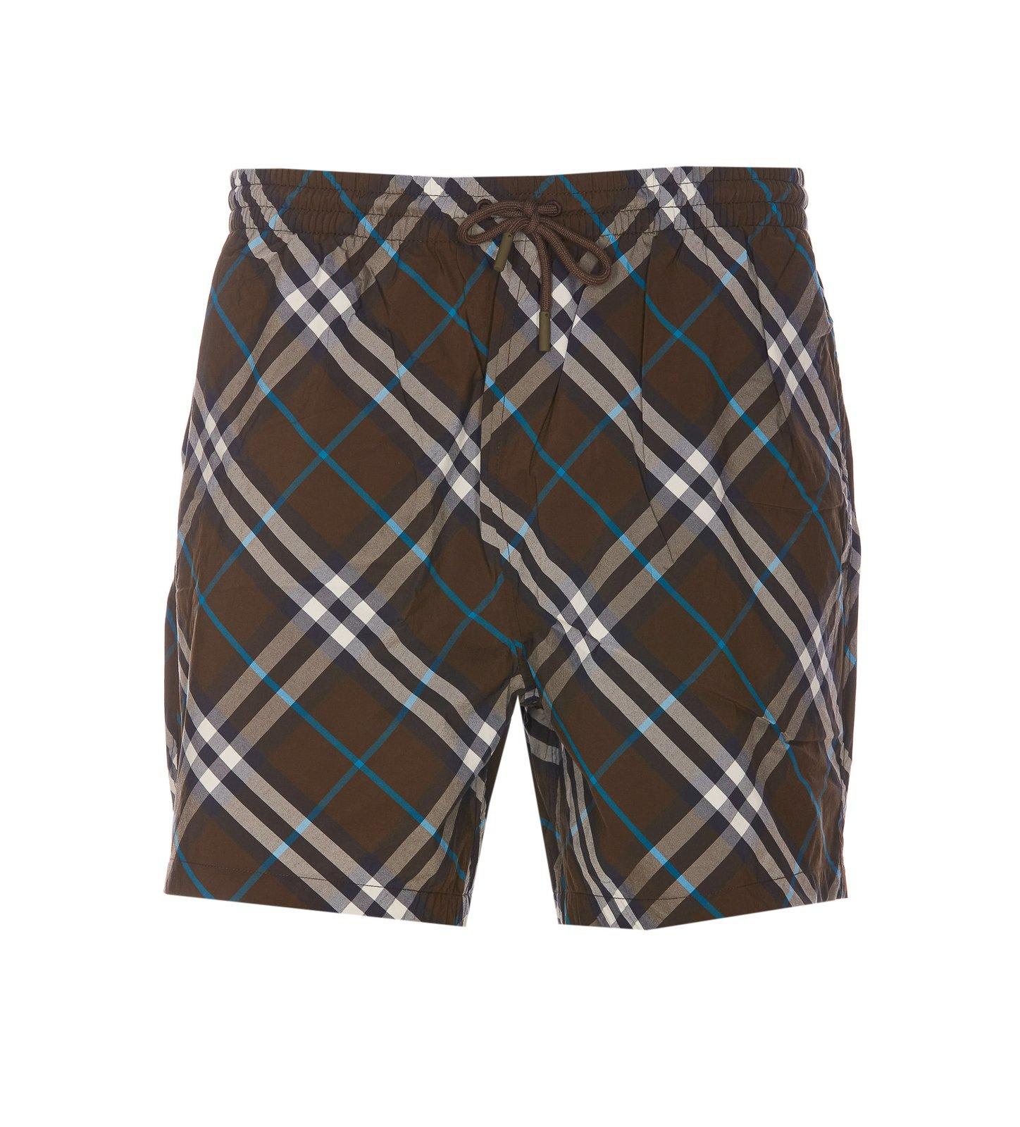 Shop Burberry Checked Drawstring Swim Shorts In Brown