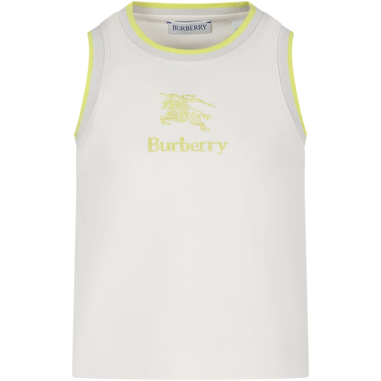 Shop Burberry Ivory Tank Top For Girl With Logo And Equestrian Knight In Wheat