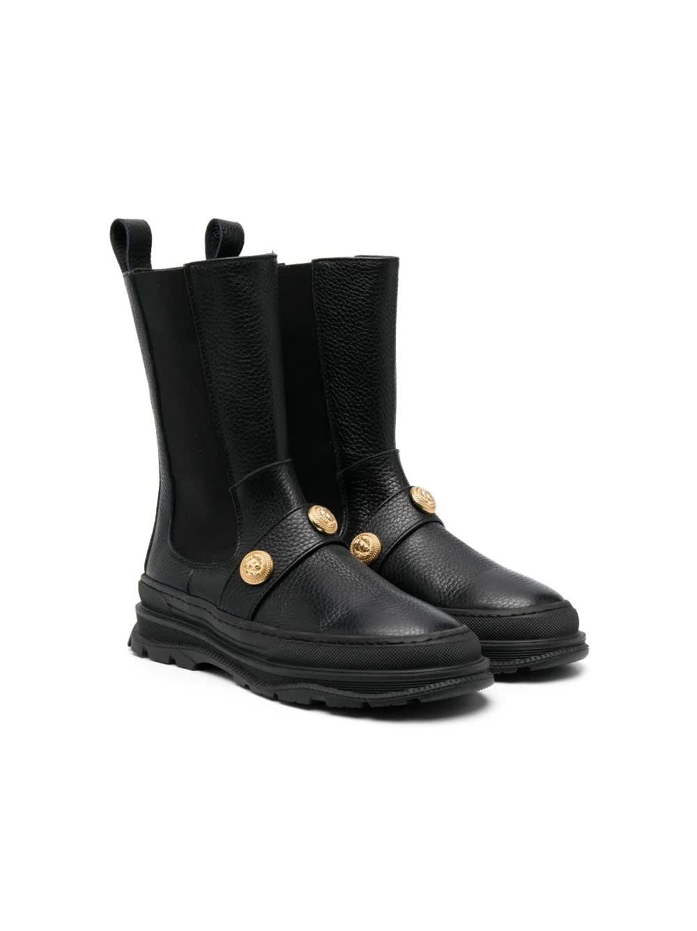 Shop Balmain Black Boots With Gold Embossed Buttons In Or