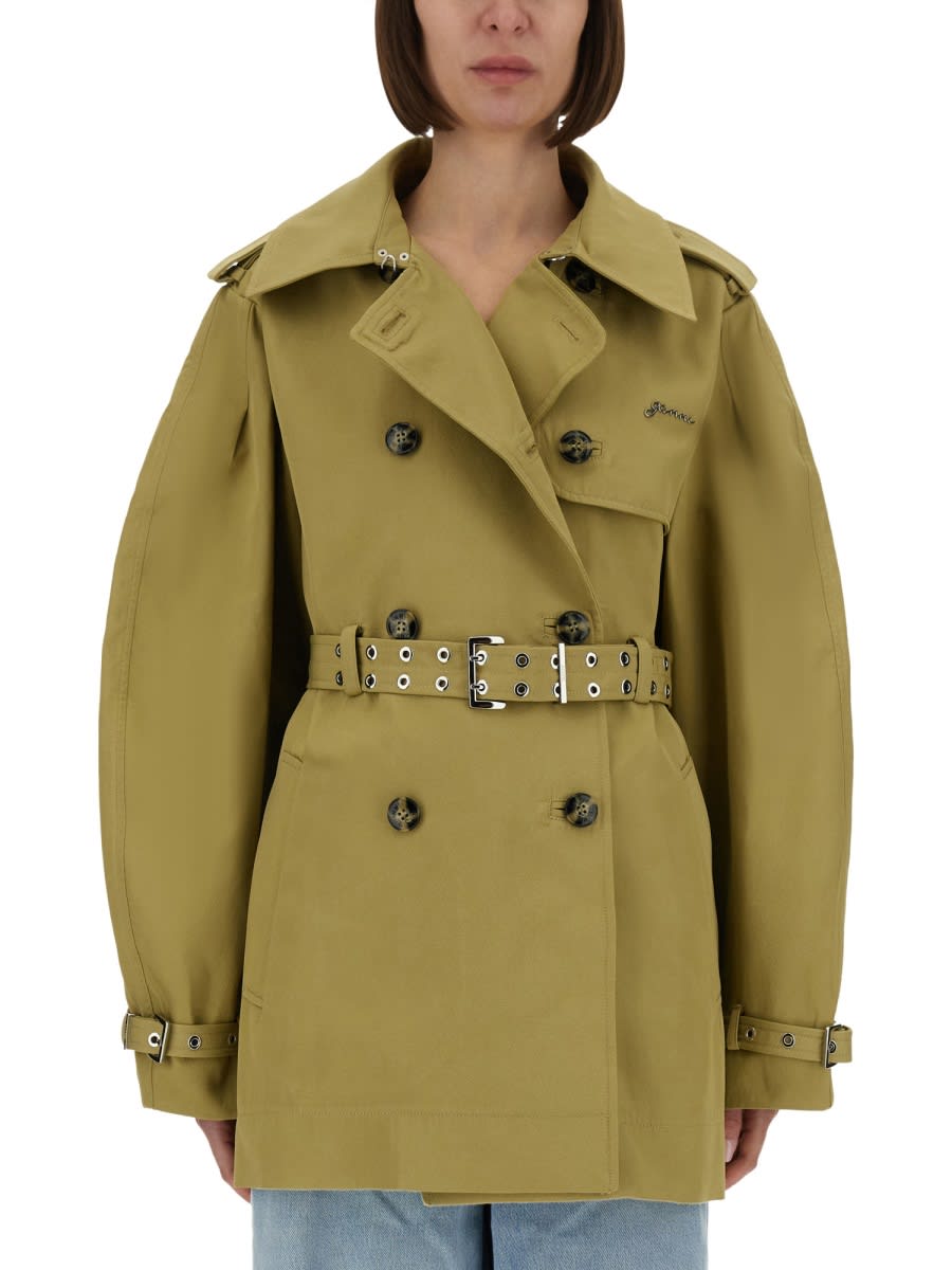 Ganni Double-breasted Belted Short Trench Coat In Multi