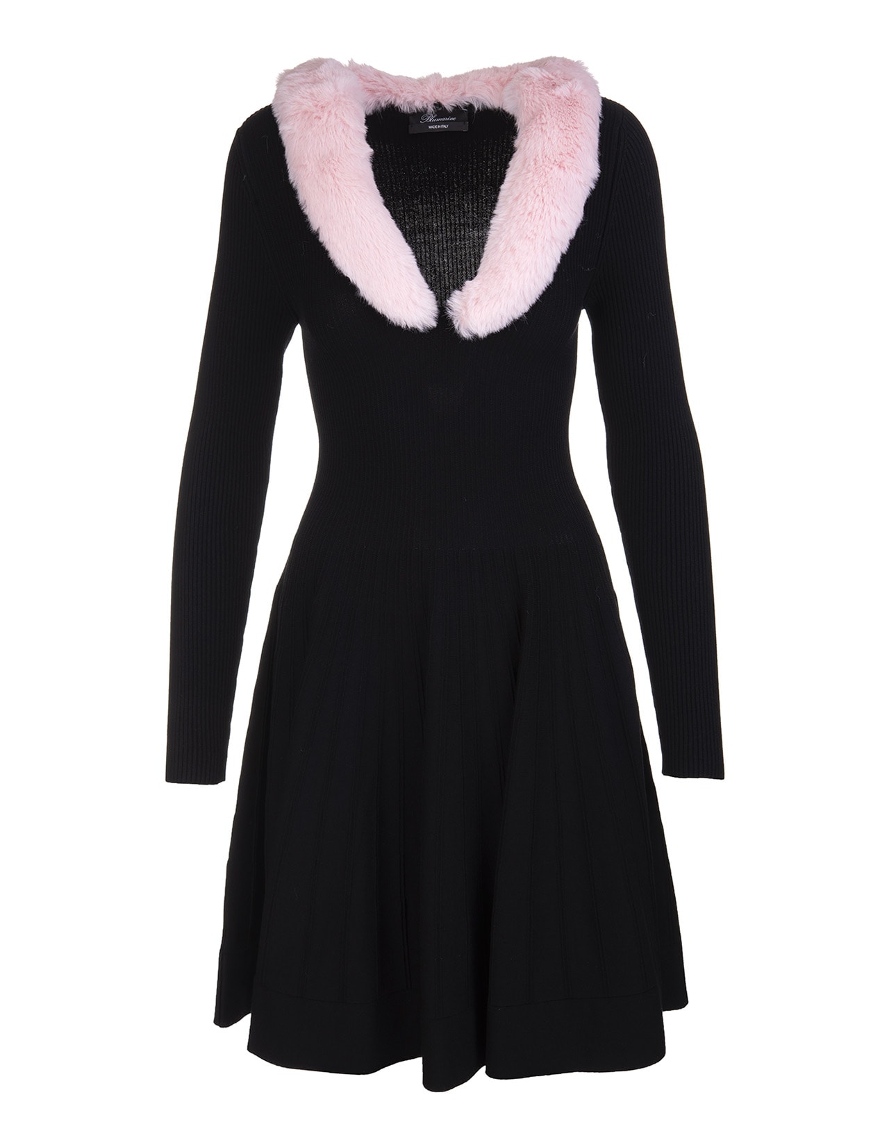 Blumarine Short Dress In Black Ribbed Knit With Pink Eco-fur Neckline