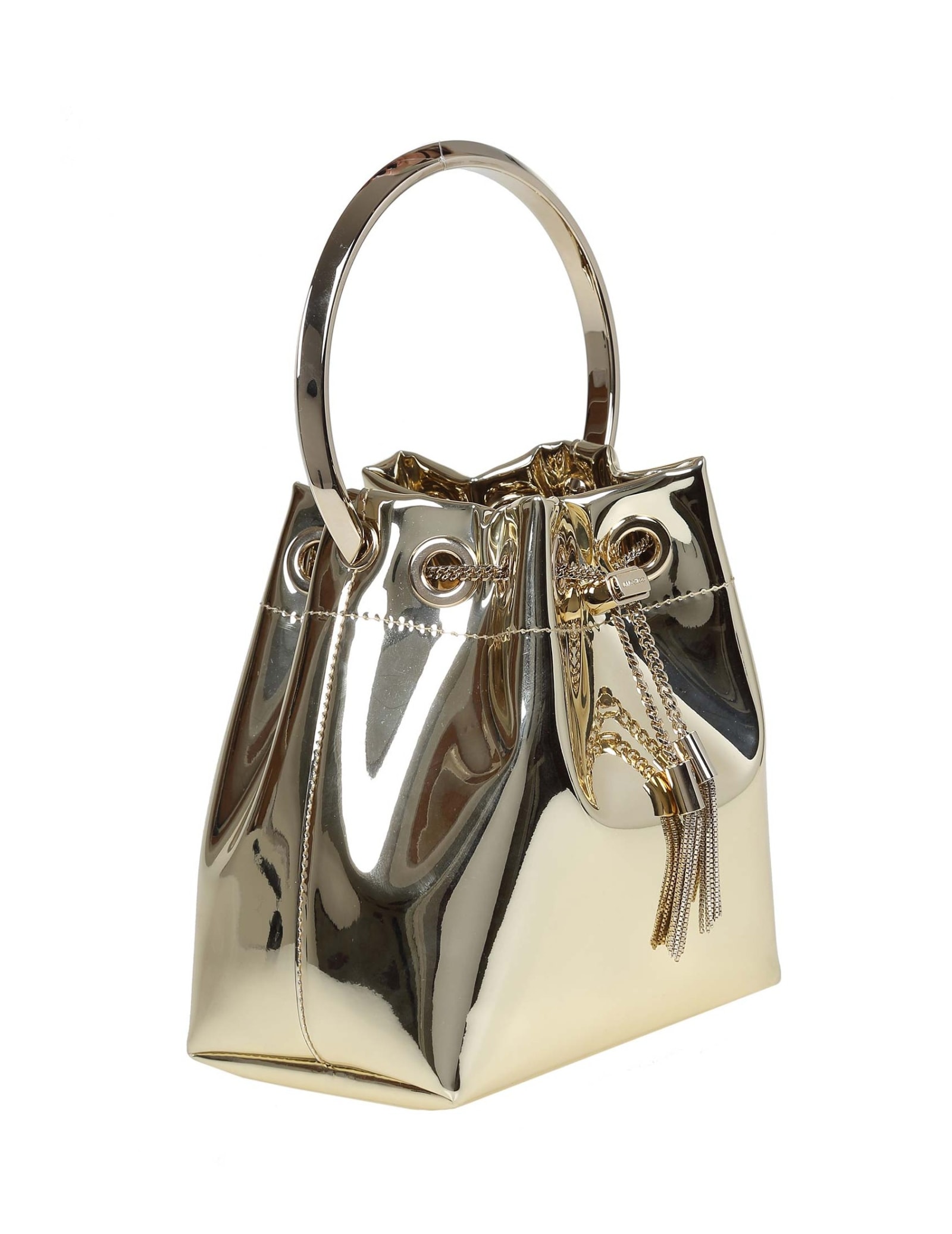 Jimmy Choo Shiny Mirror-effect Bon Bon Bag With Chain Drawstring And Metal Handle In Gold