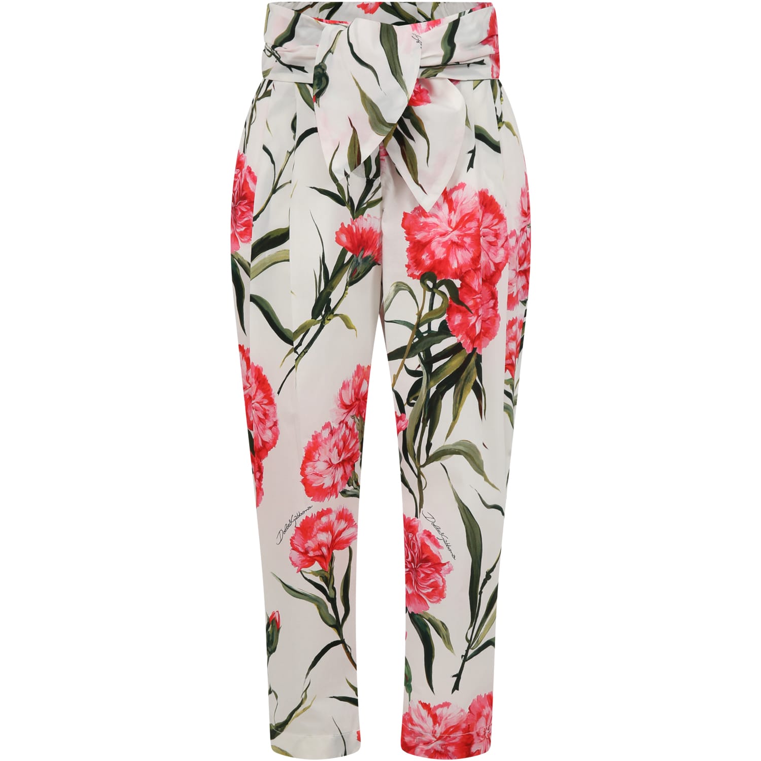 Dolce & Gabbana Kids' White Trousers For Girl With Carnation Print And Logo